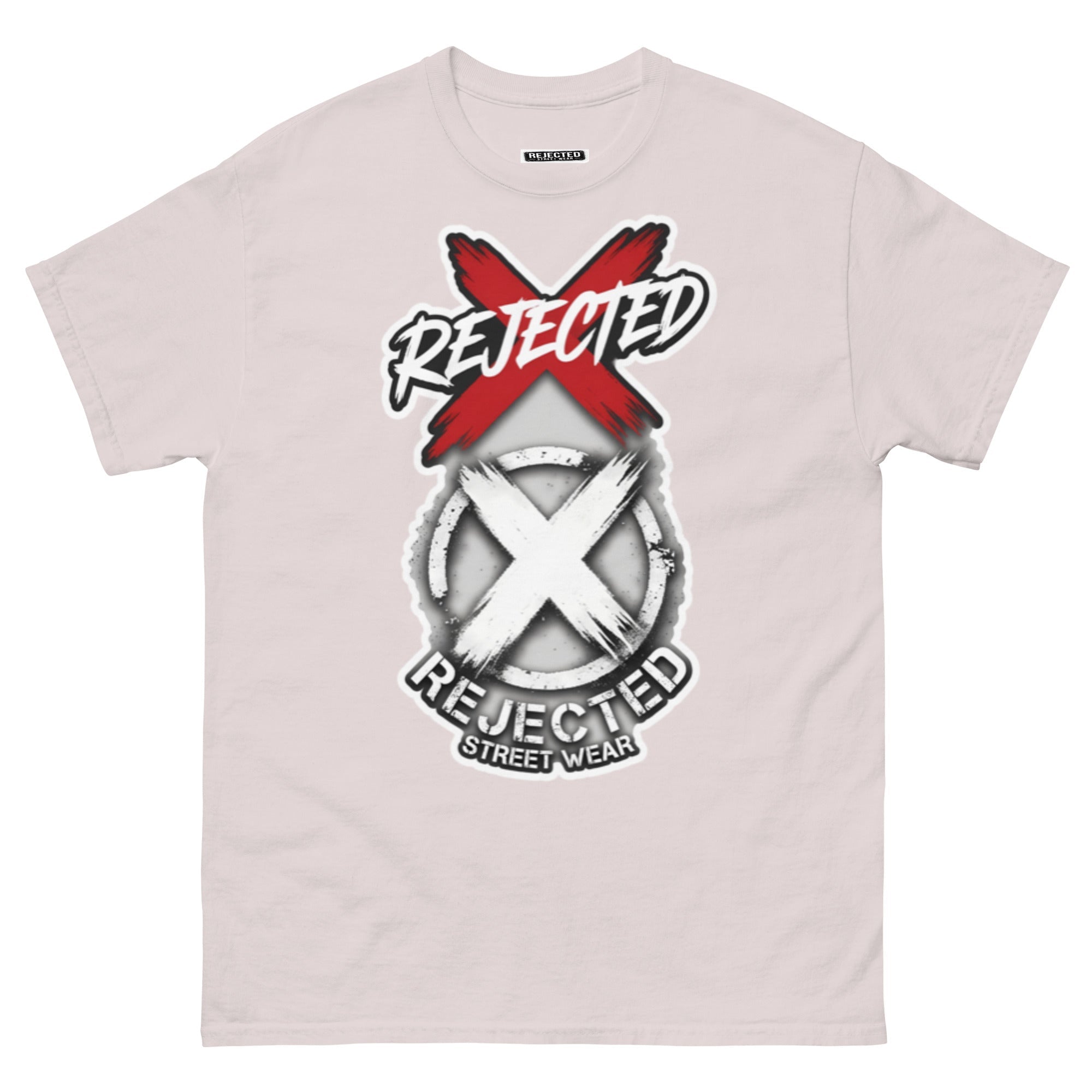 Reject Labels Be Human tee — REJECTED crossed out in red above the X emblem with the word Human underneath