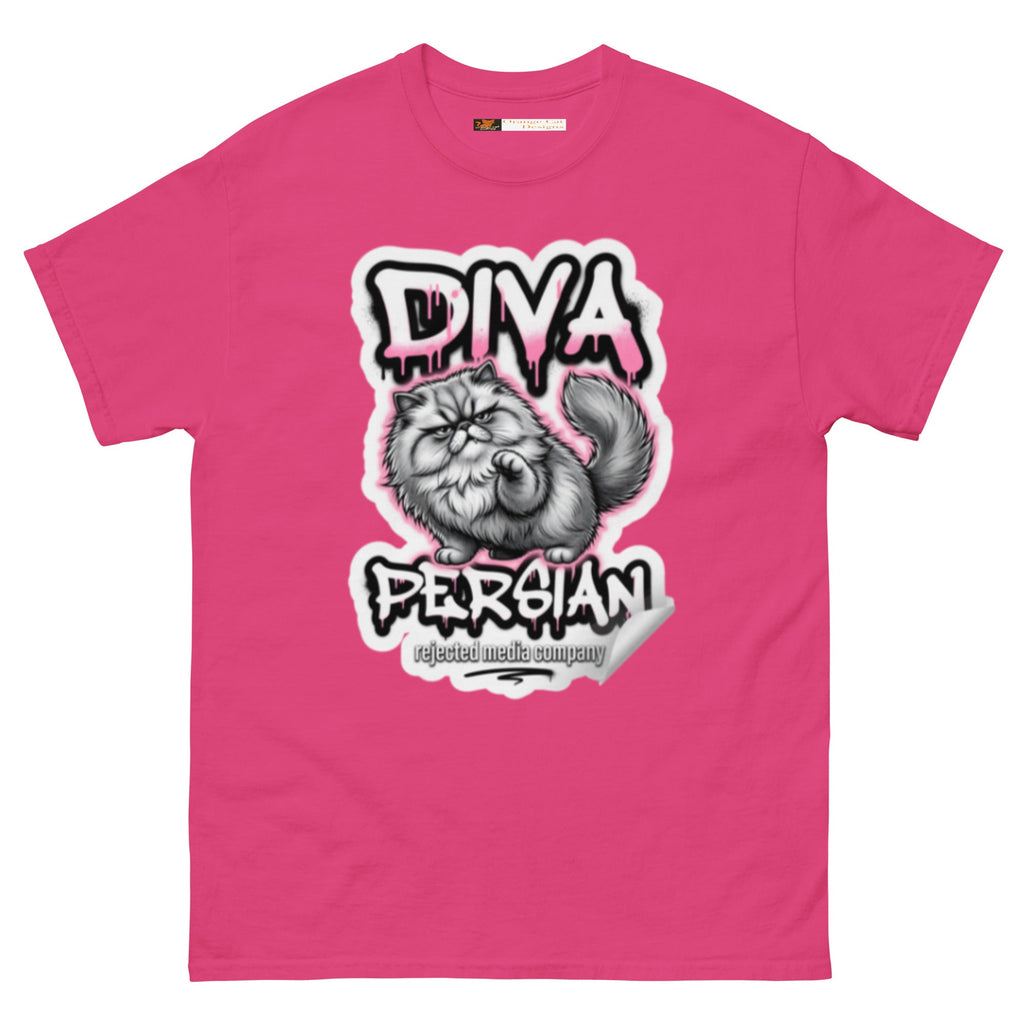 Diva Persian cat tee — fluffed-out Persian cat with an unimpressed face under pink graffiti drip lettering