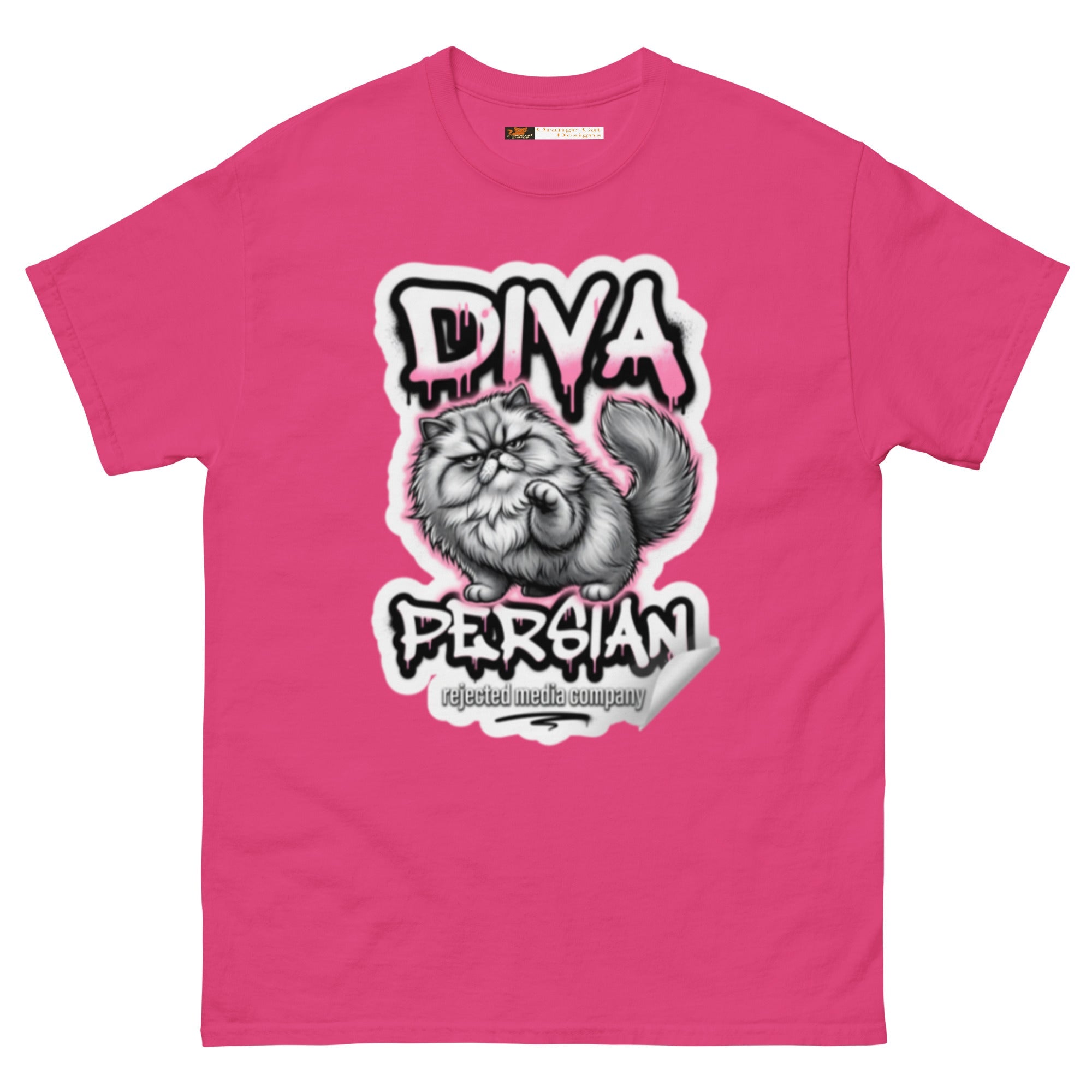 Diva Persian cat tee — fluffed-out Persian cat with an unimpressed face under pink graffiti drip lettering