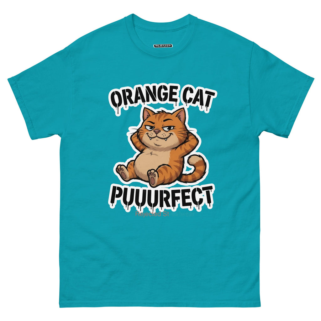 Orange Cat Puuurfect tee — chunky reclined orange tabby under arched drippy graffiti lettering
