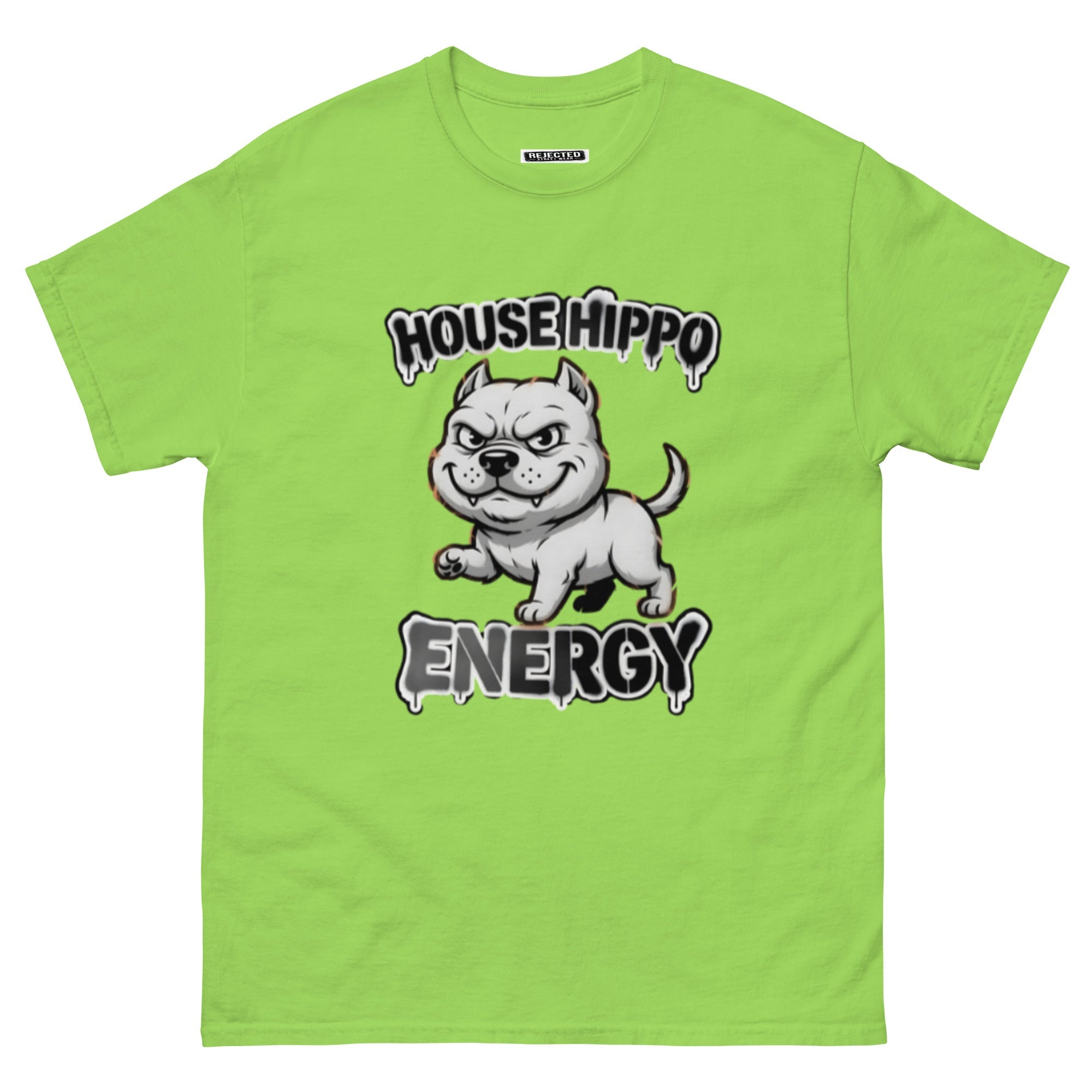 House Hippo Energy tee — stocky bully dog mid-stomp under drippy graffiti lettering