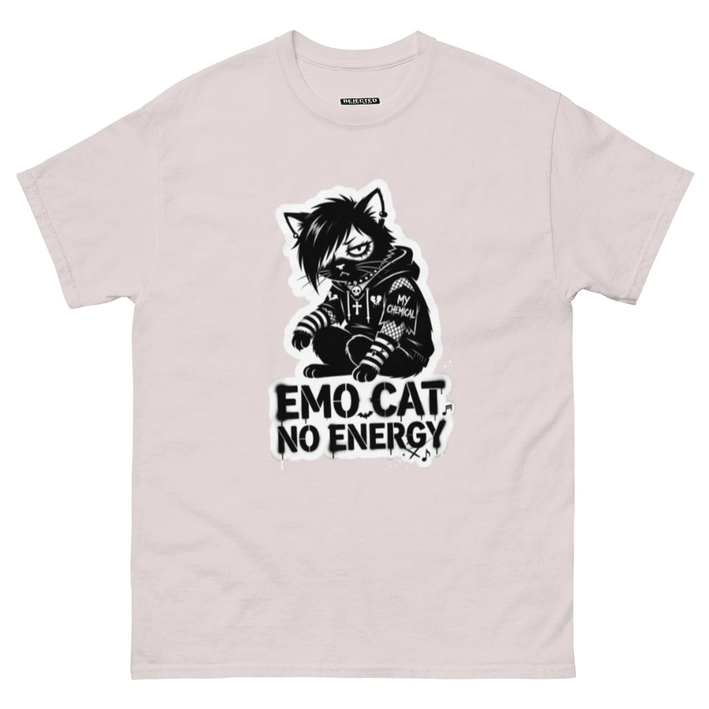 Emo Cat No Energy tee — grey cat with side-swept bangs and a patched hoodie under spray-paint lettering