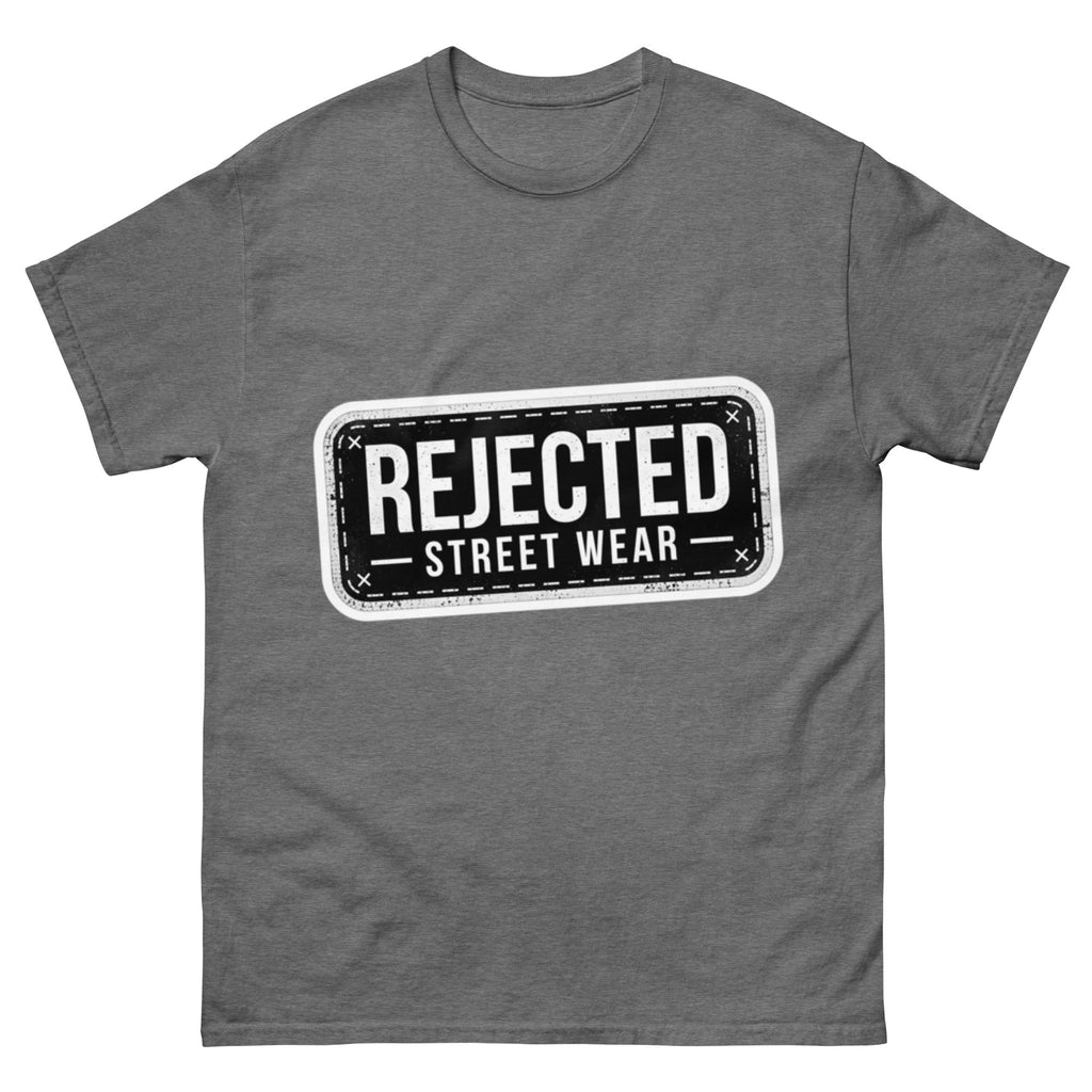 Rejected Street Wear plate logo tee — stamped black plate with a dashed border, corner x marks and REJECTED STREET WEAR inside