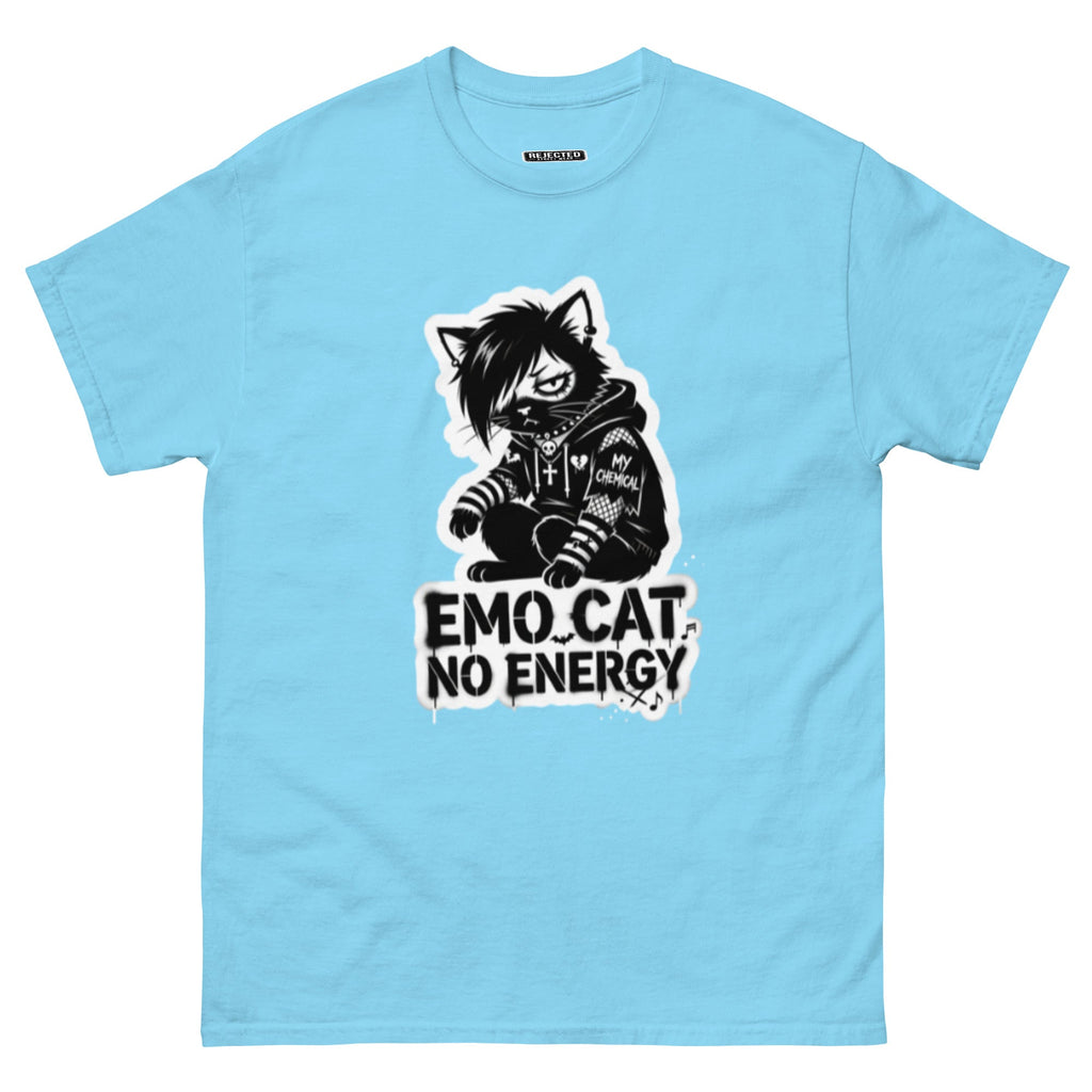 Emo Cat No Energy tee — grey cat with side-swept bangs and a patched hoodie under spray-paint lettering