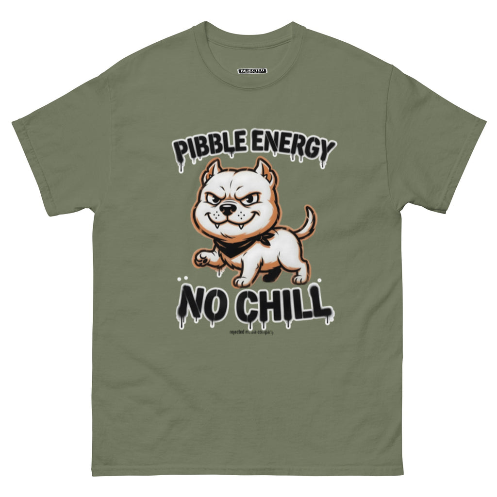 Pibble Energy No Chill tee — grinning bully pup at a dead sprint under graffiti lettering
