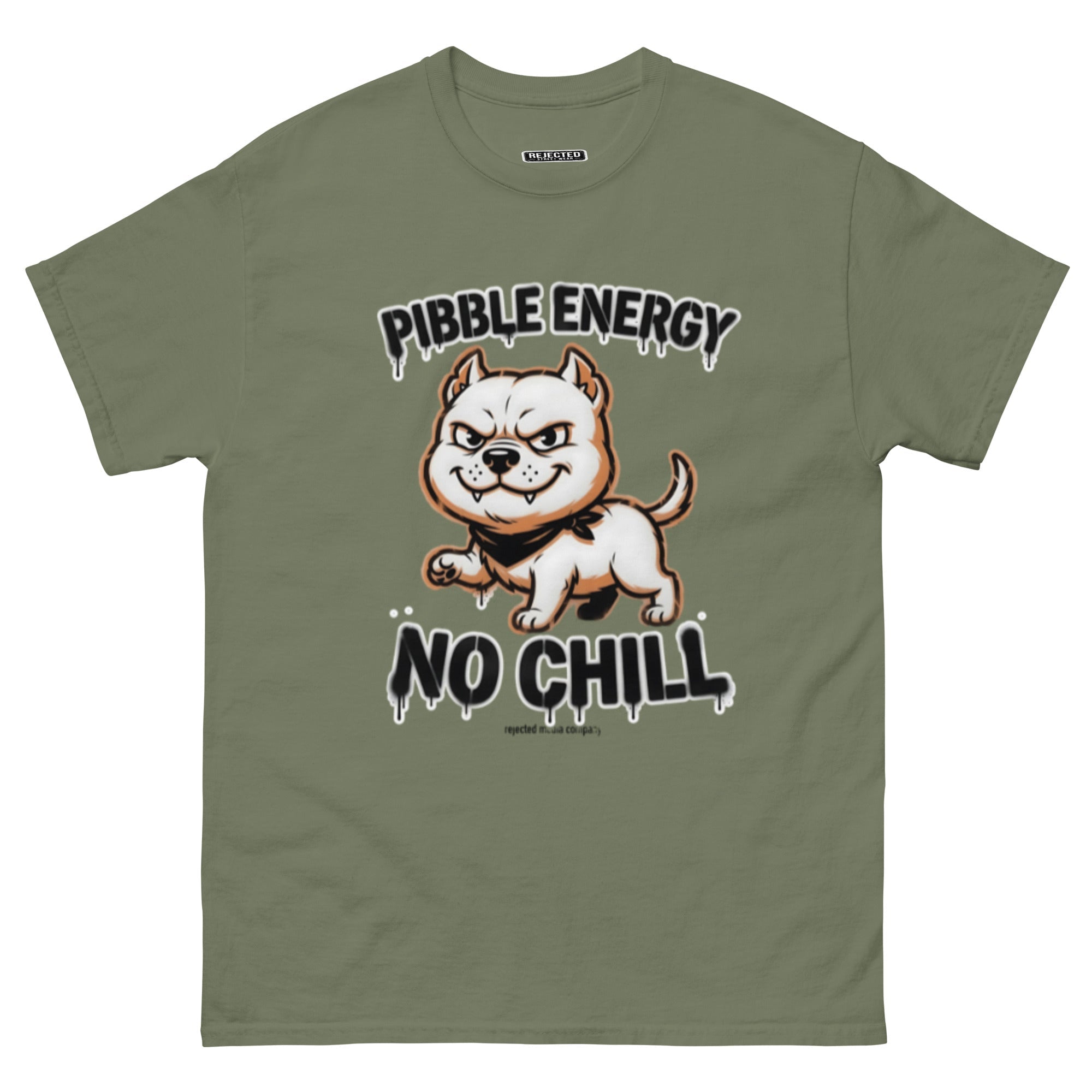 Pibble Energy No Chill tee — grinning bully pup at a dead sprint under graffiti lettering