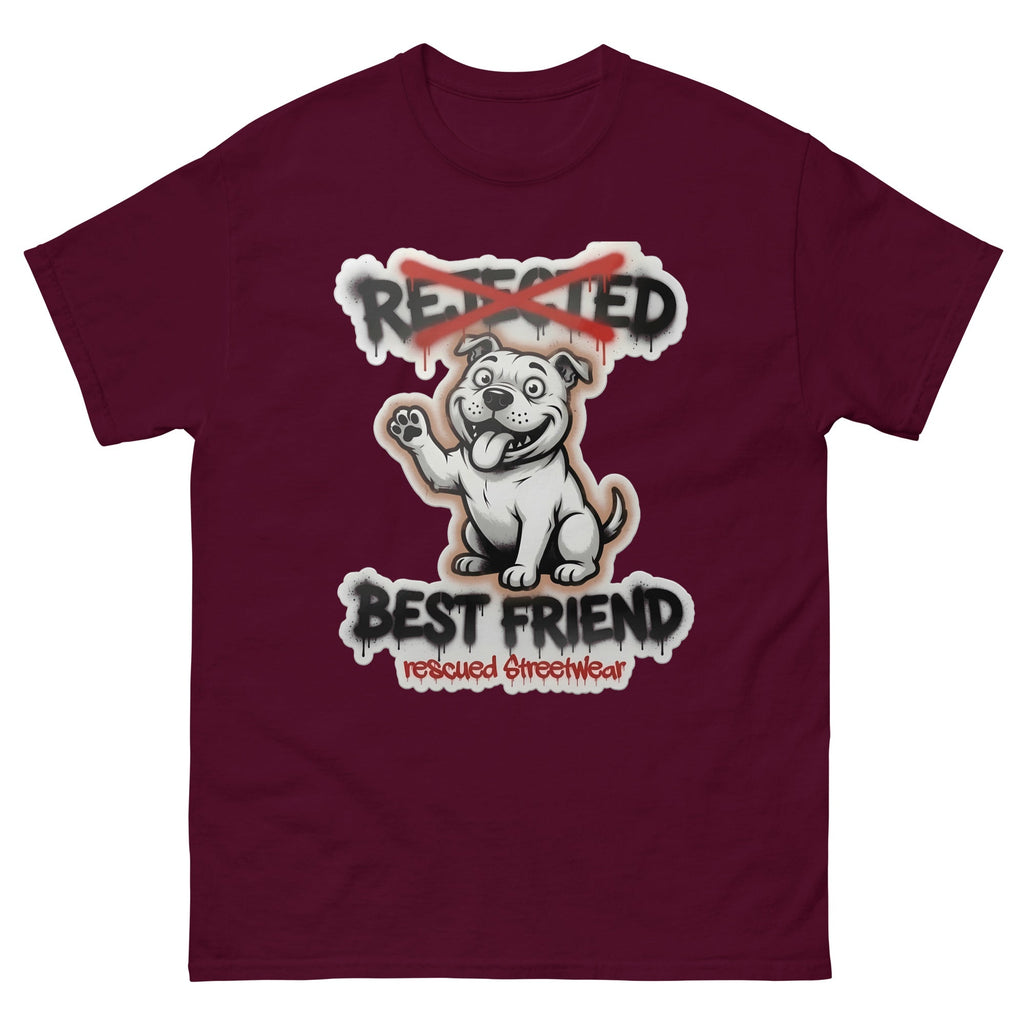 Best Friend pit bull tee — white bully pup waving a paw with REJECTED crossed out in red and BEST FRIEND sprayed below