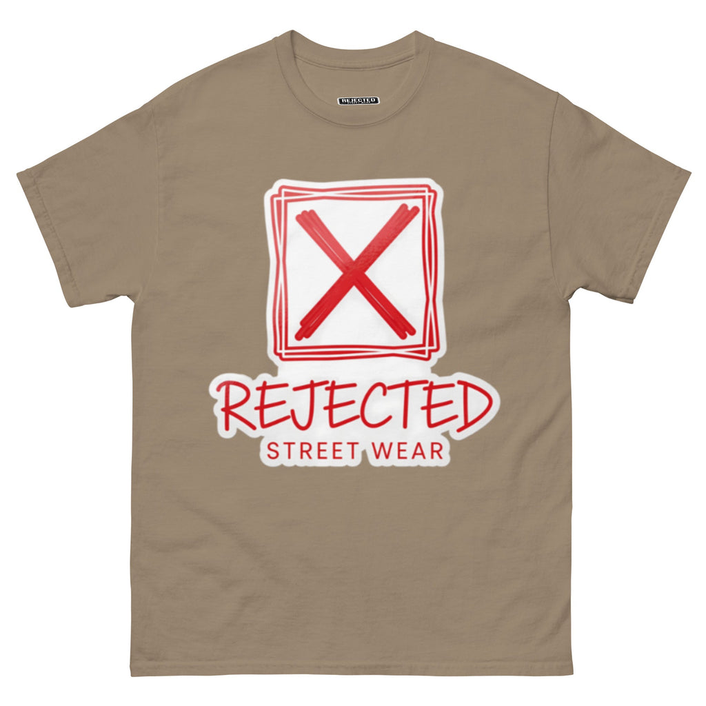 Rejected Street Wear box logo tee — hand-drawn red frame with a brushed X and REJECTED STREET WEAR in red beneath