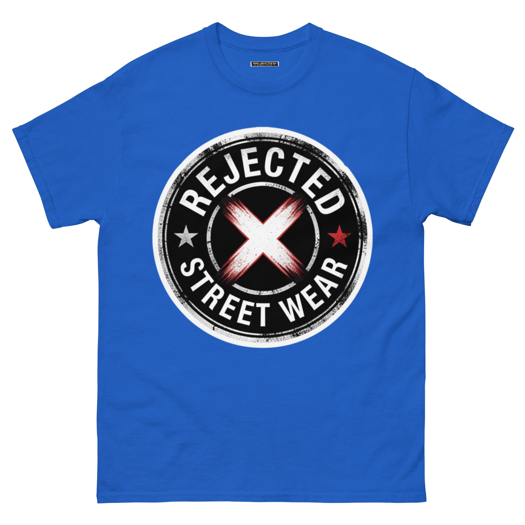 Rejected Street Wear barbed wire seal tee — distressed circular badge with REJECTED arched over a red and white brushed X
