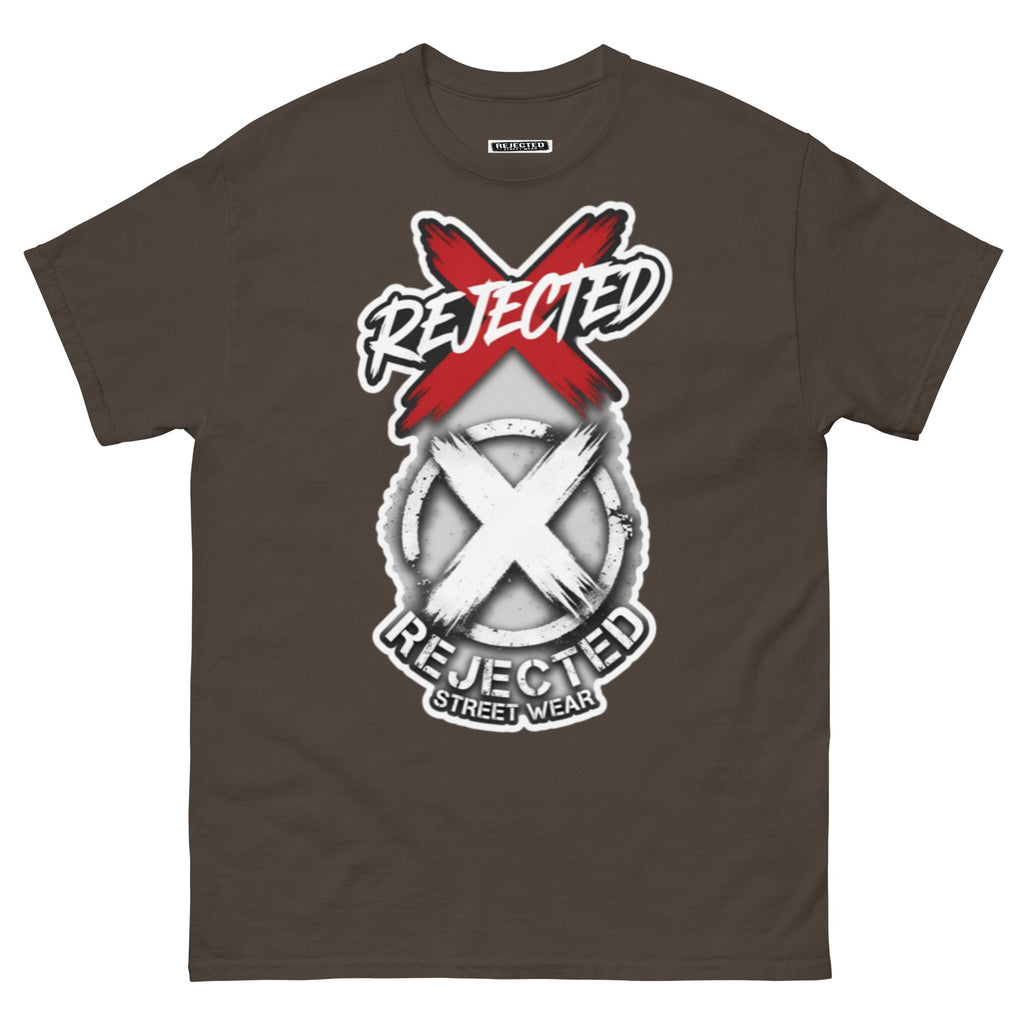 Reject Labels Be Human tee — REJECTED crossed out in red above the X emblem with the word Human underneath
