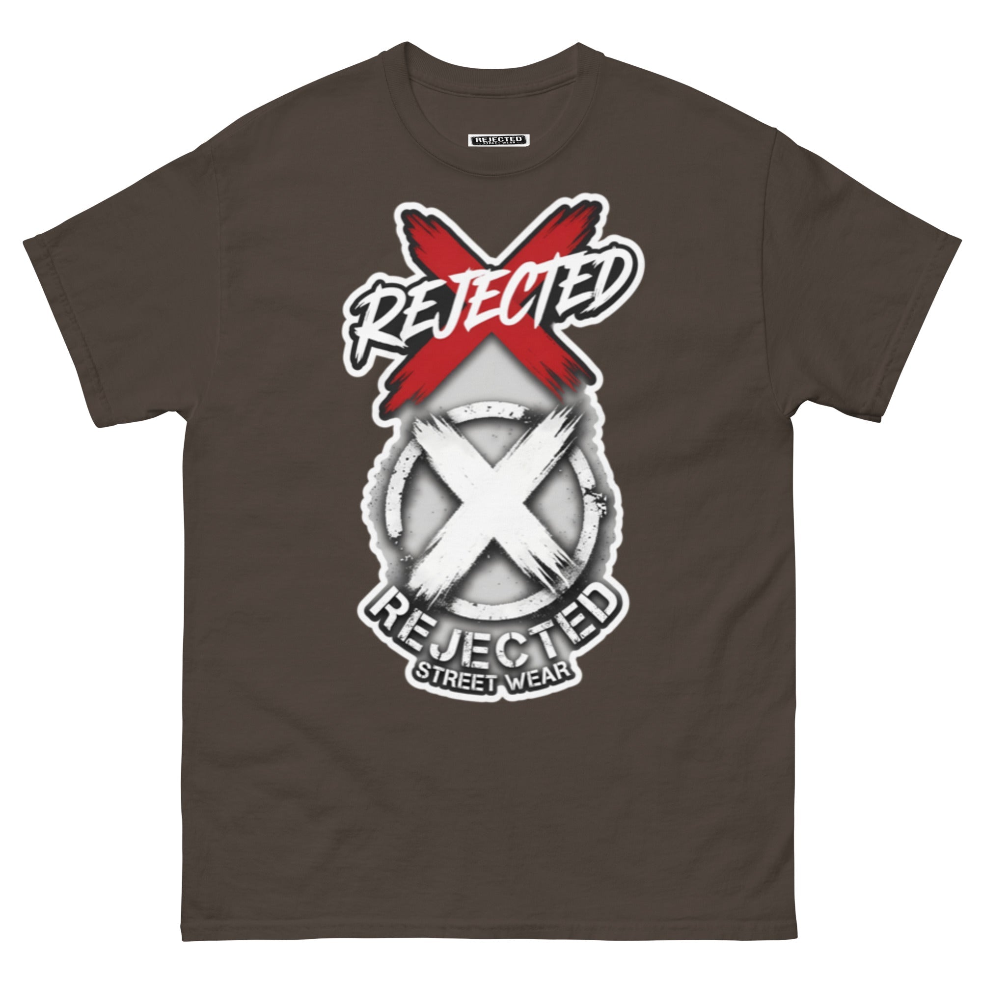Reject Labels Be Human tee — REJECTED crossed out in red above the X emblem with the word Human underneath
