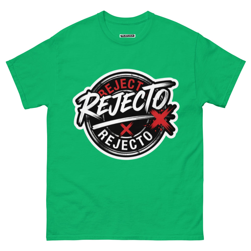 Rejected Street Wear emblem tee — black circle badge with white brush script and a red X slash
