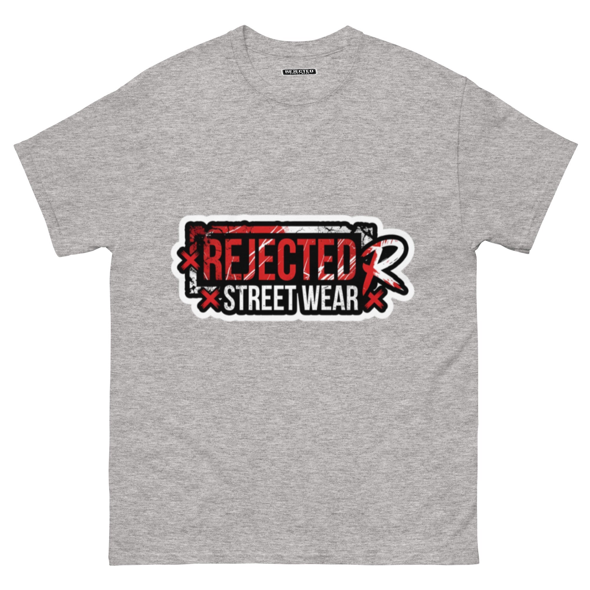 Rejected Street Wear red box logo tee — red-framed REJECTED STREET WEAR stamp with corner x marks and a red slash