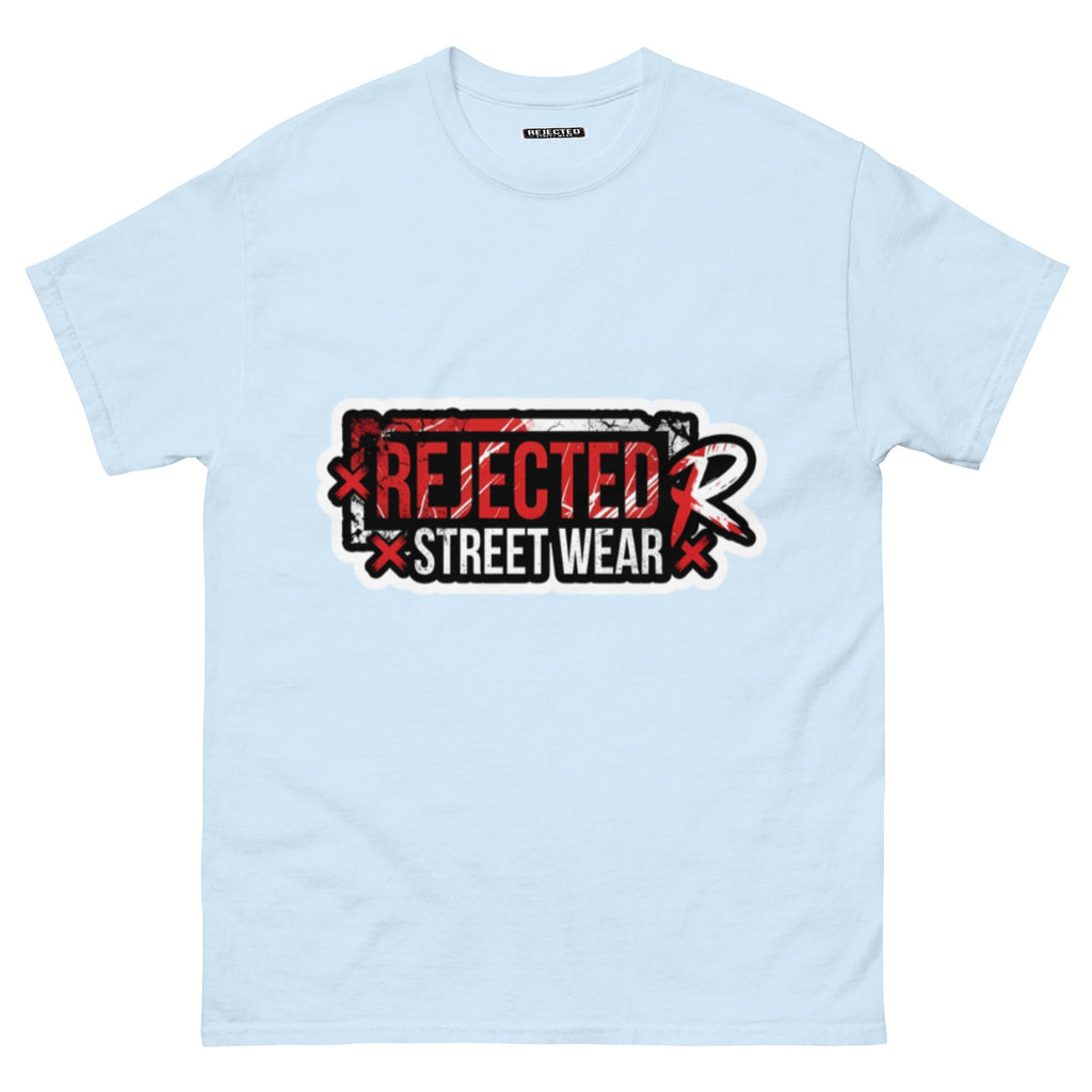 Rejected Street Wear red box logo tee — red-framed REJECTED STREET WEAR stamp with corner x marks and a red slash