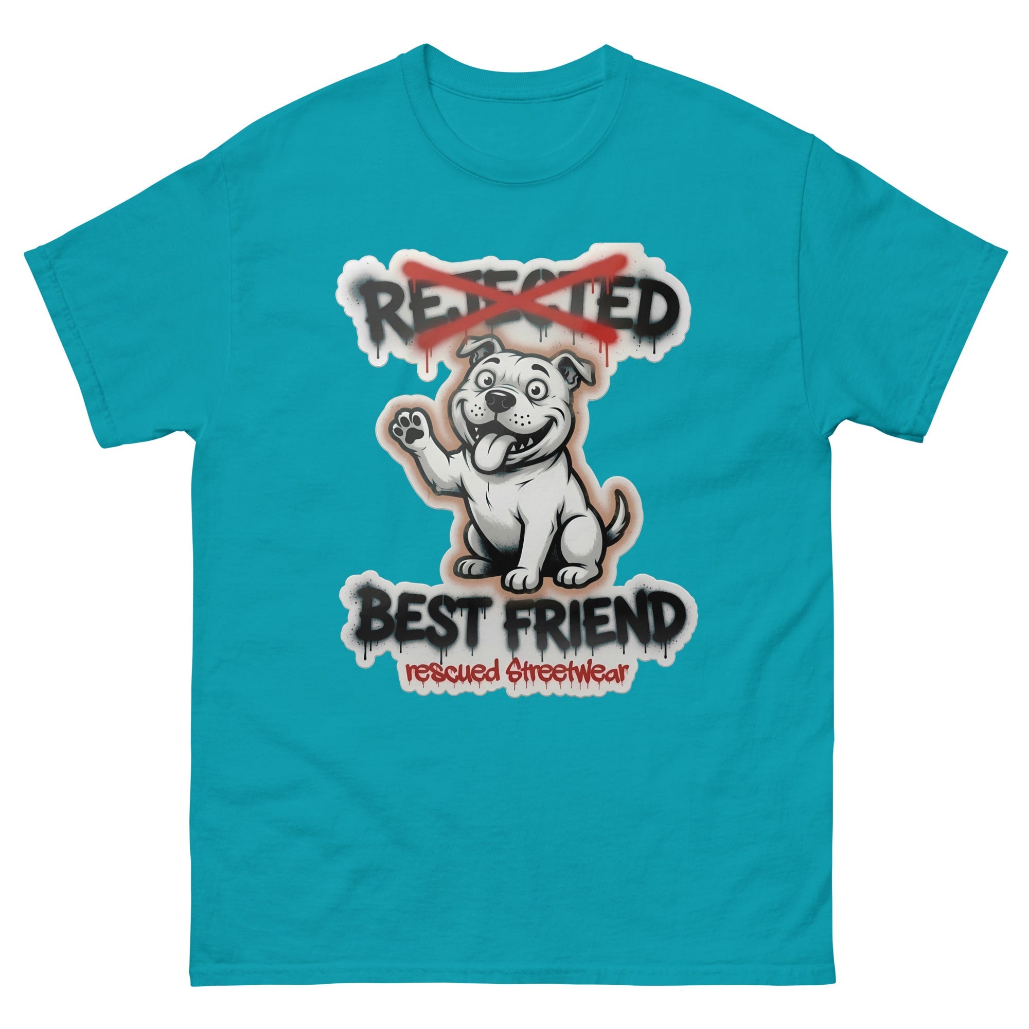 Best Friend pit bull tee — white bully pup waving a paw with REJECTED crossed out in red and BEST FRIEND sprayed below