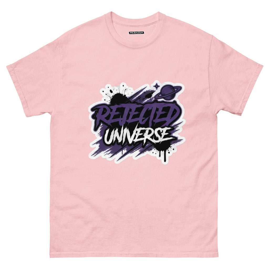 Rejected Universe logo tee in purple — leaning graffiti tag with an orbiting planet and spray splatter