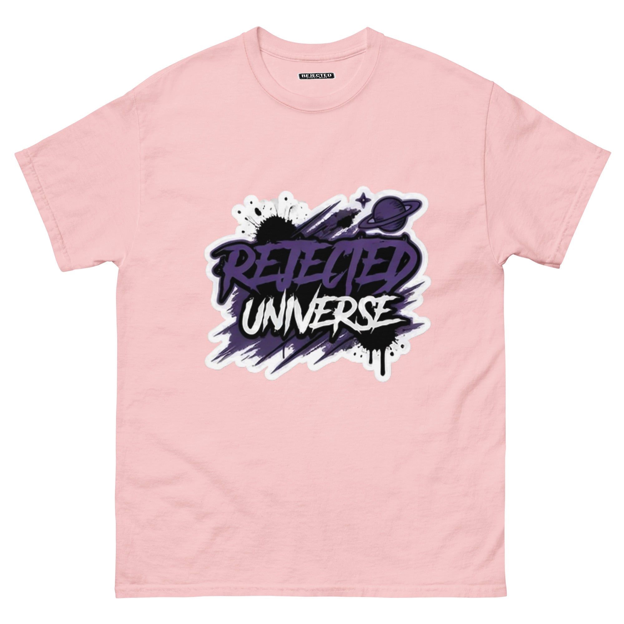 Rejected Universe logo tee in purple — leaning graffiti tag with an orbiting planet and spray splatter