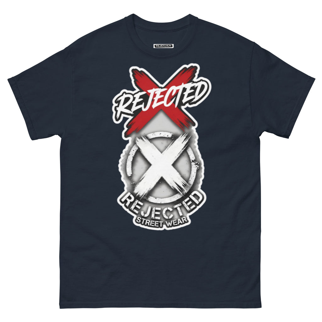 Reject Labels Be Human tee — REJECTED crossed out in red above the X emblem with the word Human underneath