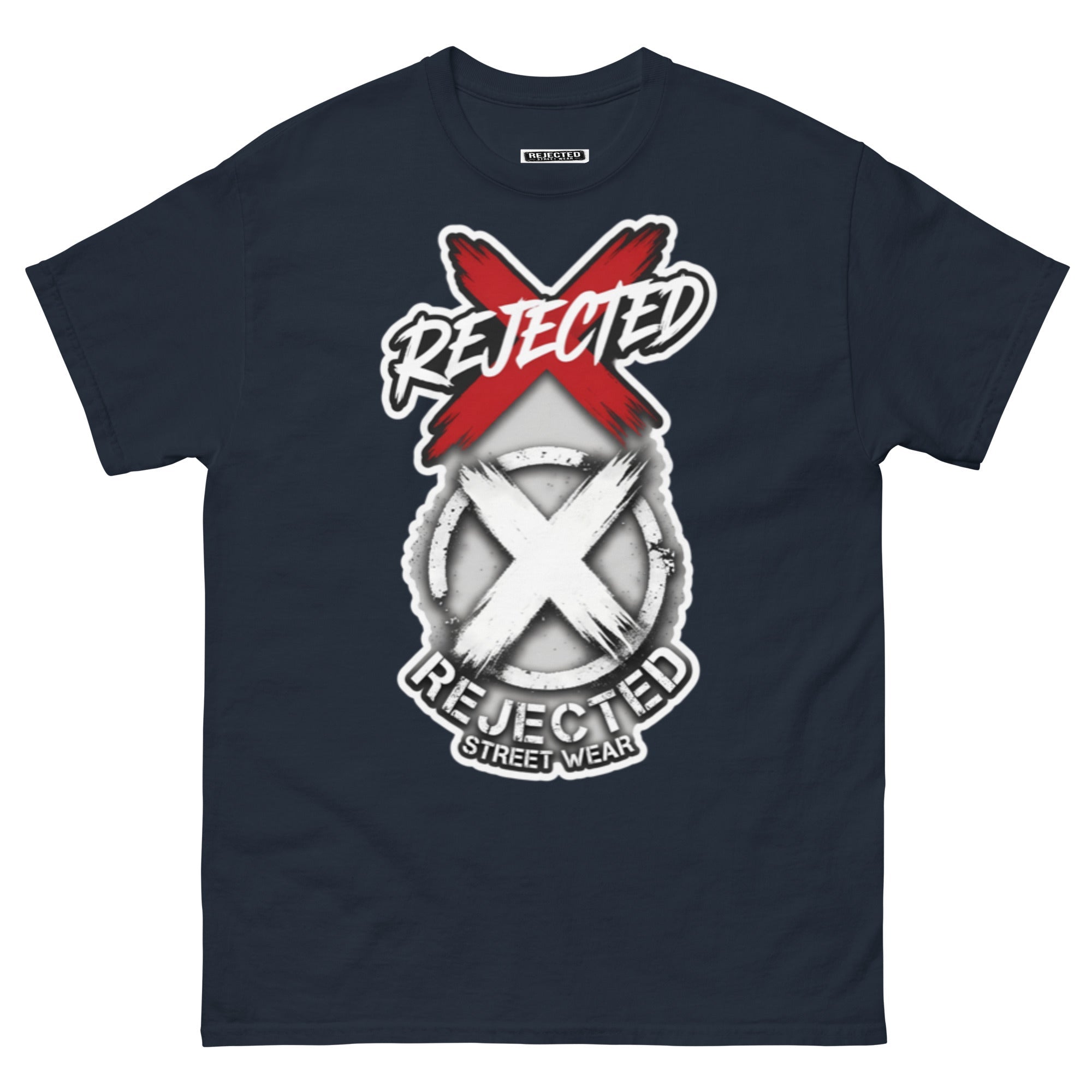Reject Labels Be Human tee — REJECTED crossed out in red above the X emblem with the word Human underneath