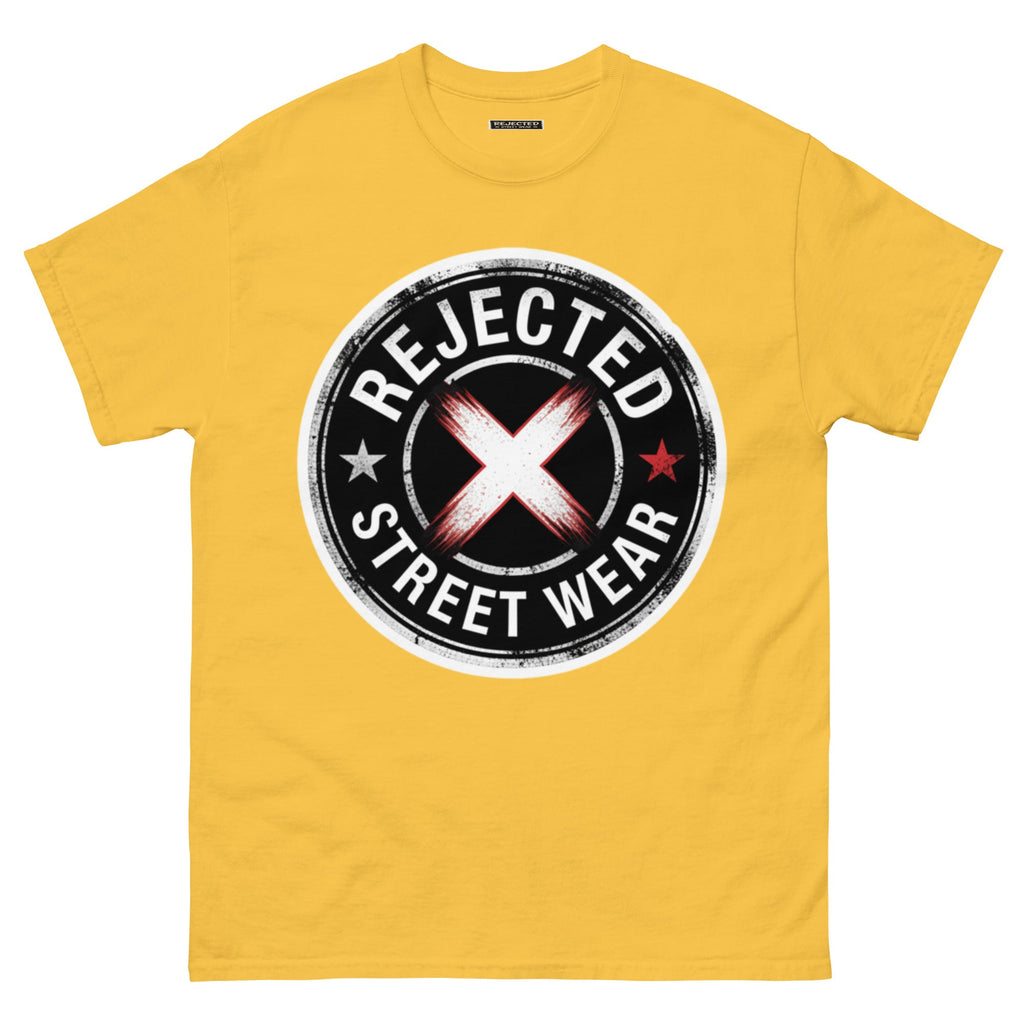 Rejected Street Wear barbed wire seal tee — distressed circular badge with REJECTED arched over a red and white brushed X