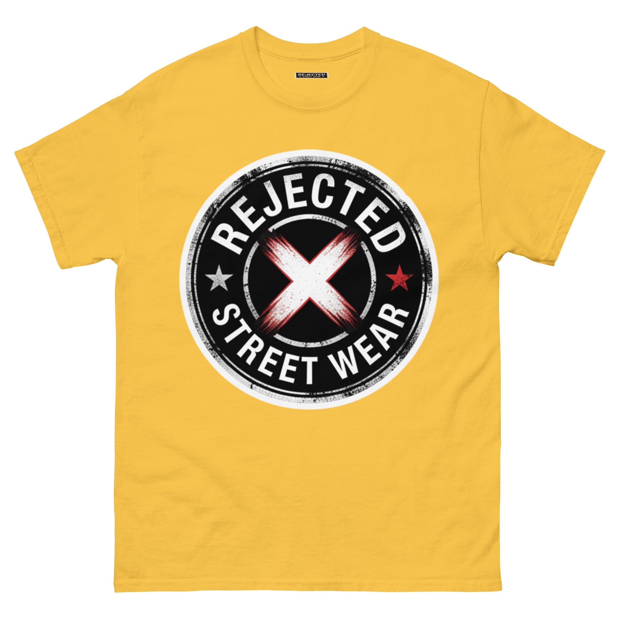 Rejected Street Wear barbed wire seal tee — distressed circular badge with REJECTED arched over a red and white brushed X