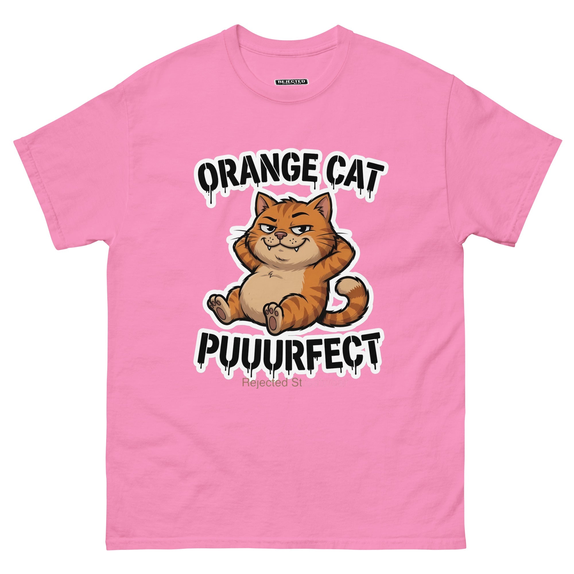 Orange Cat Puuurfect tee — chunky reclined orange tabby under arched drippy graffiti lettering