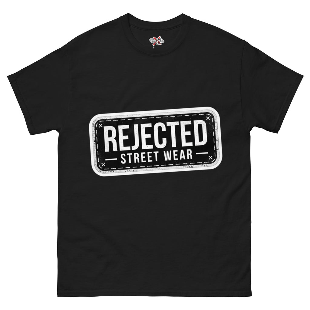 Rejected Street Wear plate logo tee — stamped black plate with a dashed border, corner x marks and REJECTED STREET WEAR inside