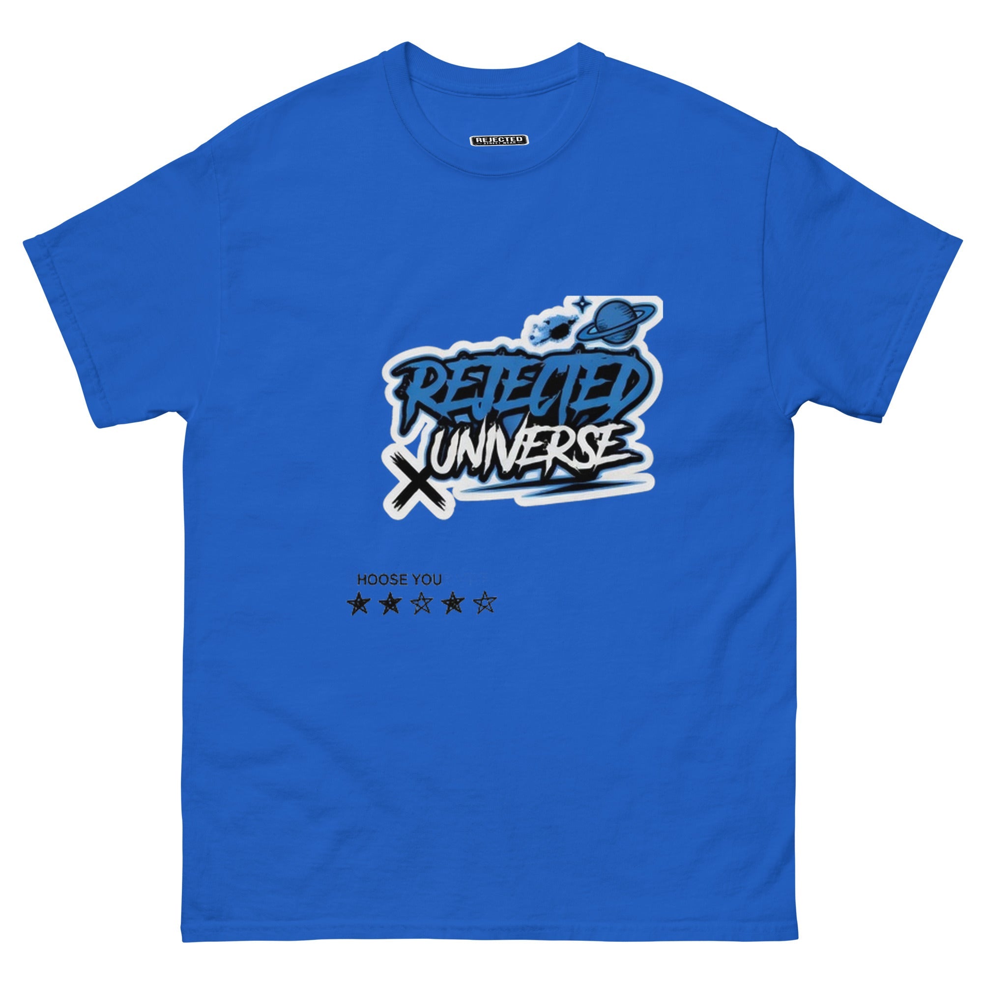Rejected Universe logo tee in blue — graffiti tag with a planet and trailing stars