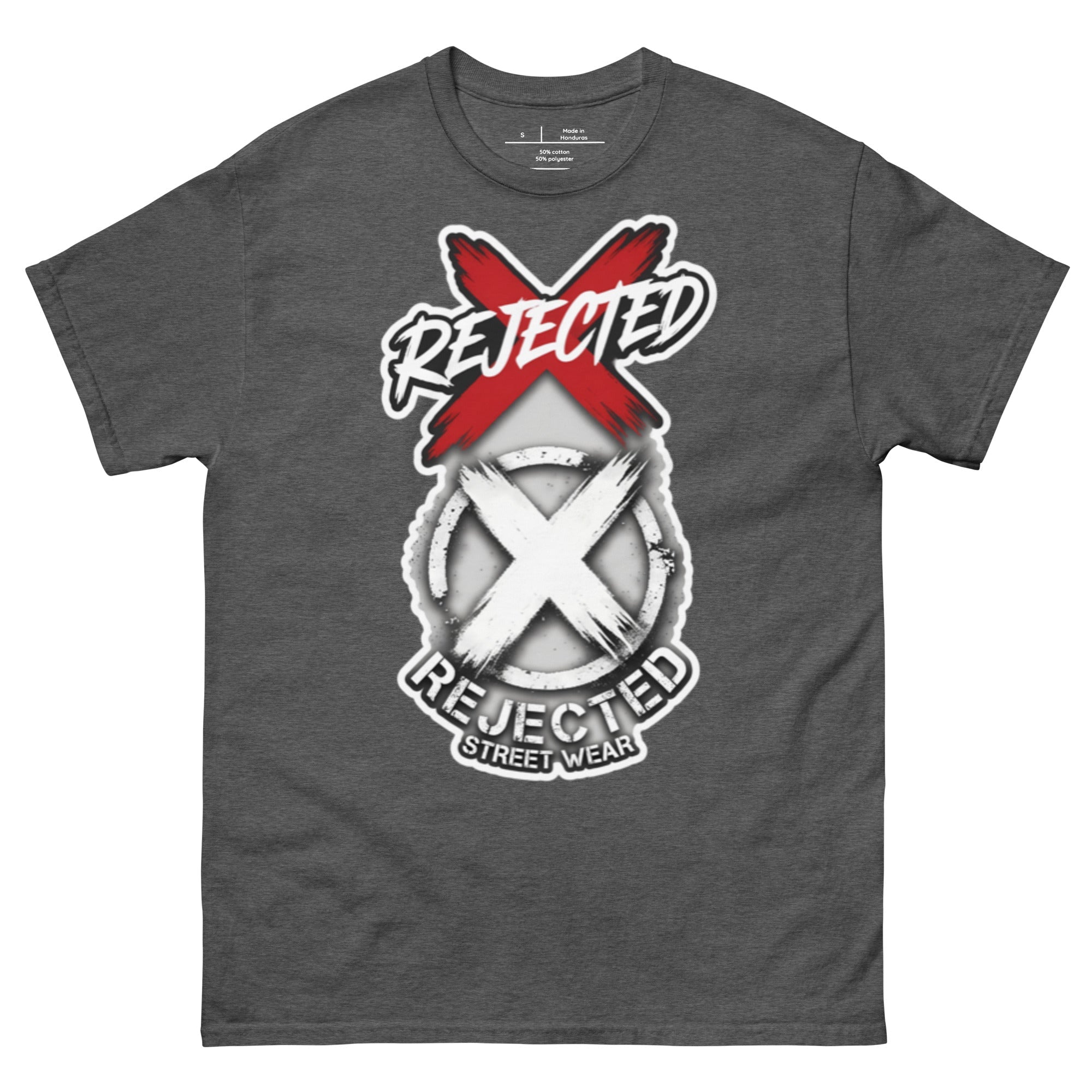 Reject Labels Be Human tee — REJECTED crossed out in red above the X emblem with the word Human underneath