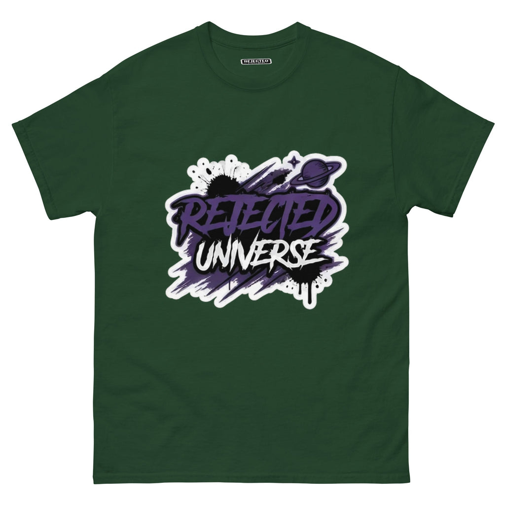Rejected Universe logo tee in purple — leaning graffiti tag with an orbiting planet and spray splatter