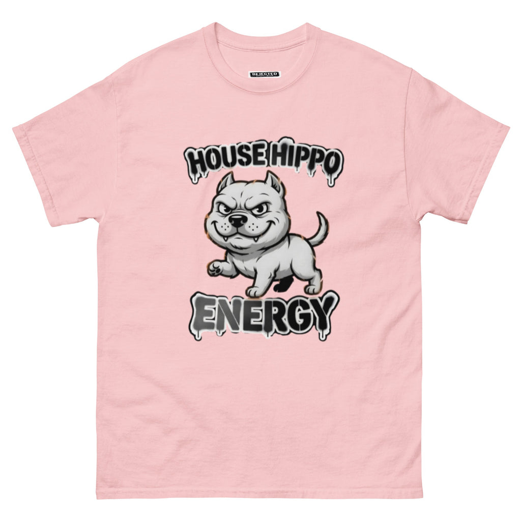 House Hippo Energy tee — stocky bully dog mid-stomp under drippy graffiti lettering