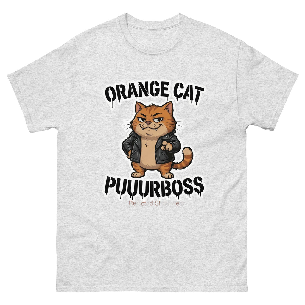 Purrboss orange cat tee — orange tabby in a leather jacket, arms crossed, under arched graffiti lettering