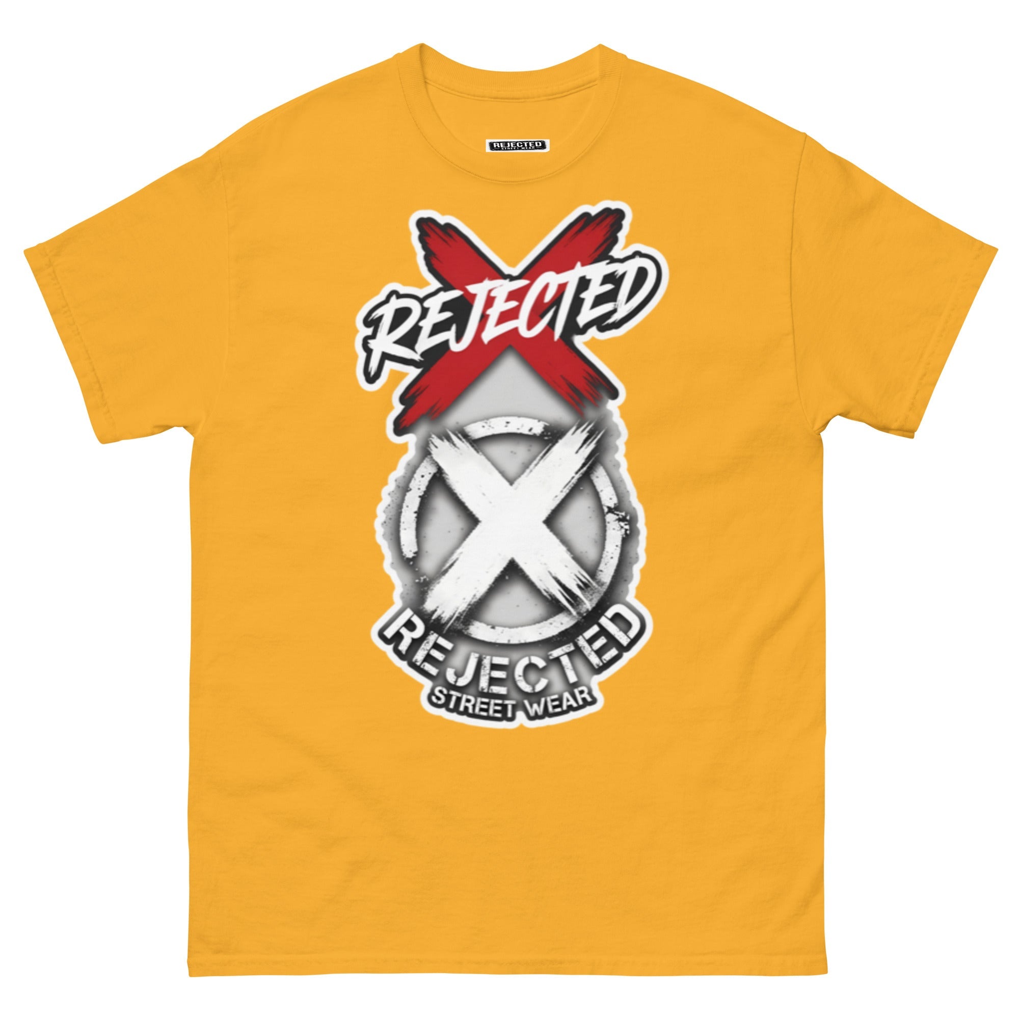 Reject Labels Be Human tee — REJECTED crossed out in red above the X emblem with the word Human underneath