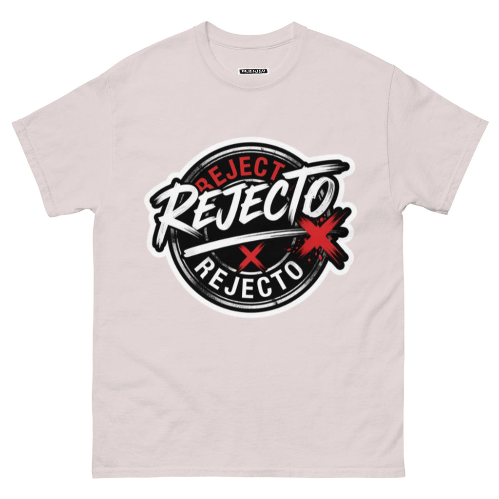Rejected Street Wear emblem tee — black circle badge with white brush script and a red X slash