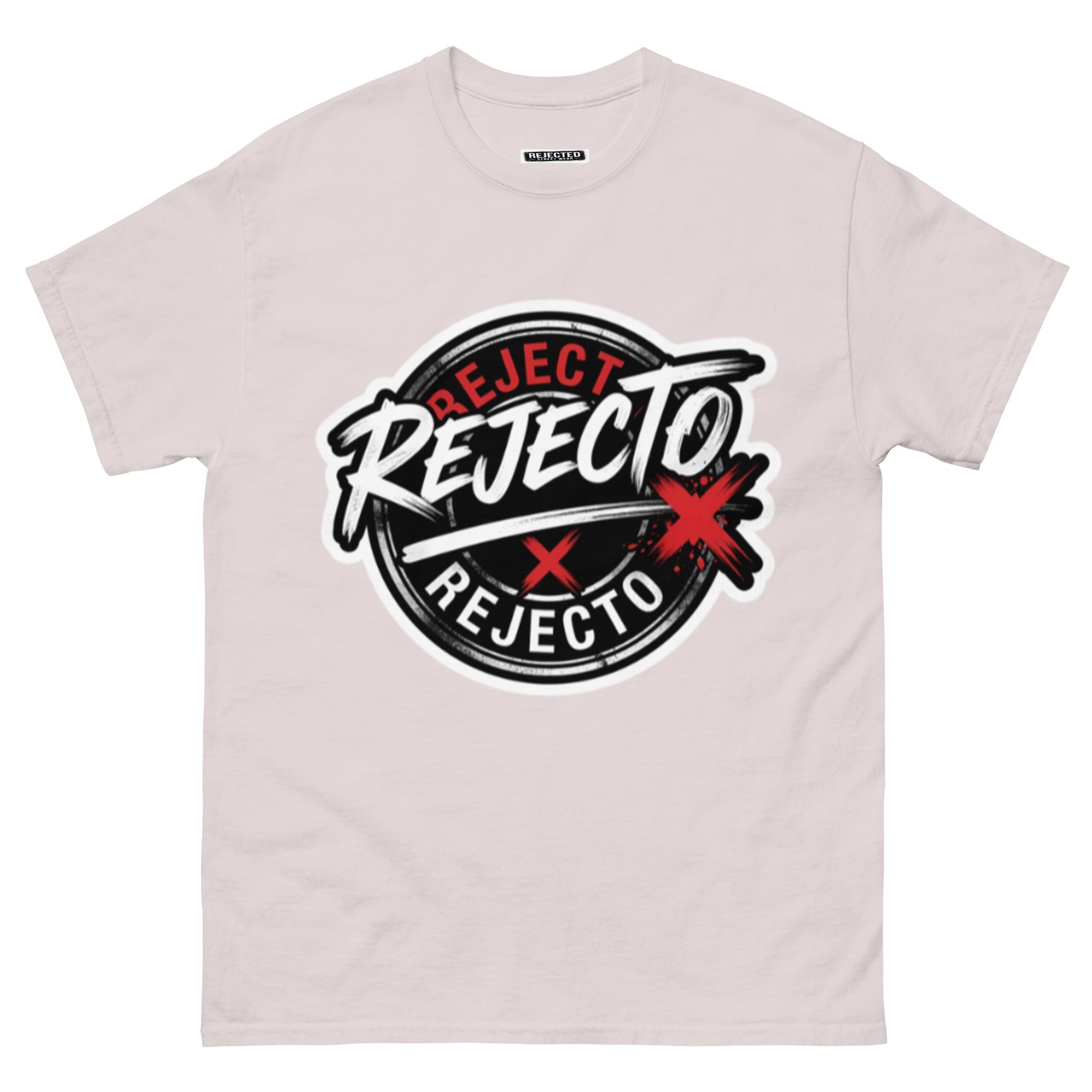 Rejected Street Wear emblem tee — black circle badge with white brush script and a red X slash