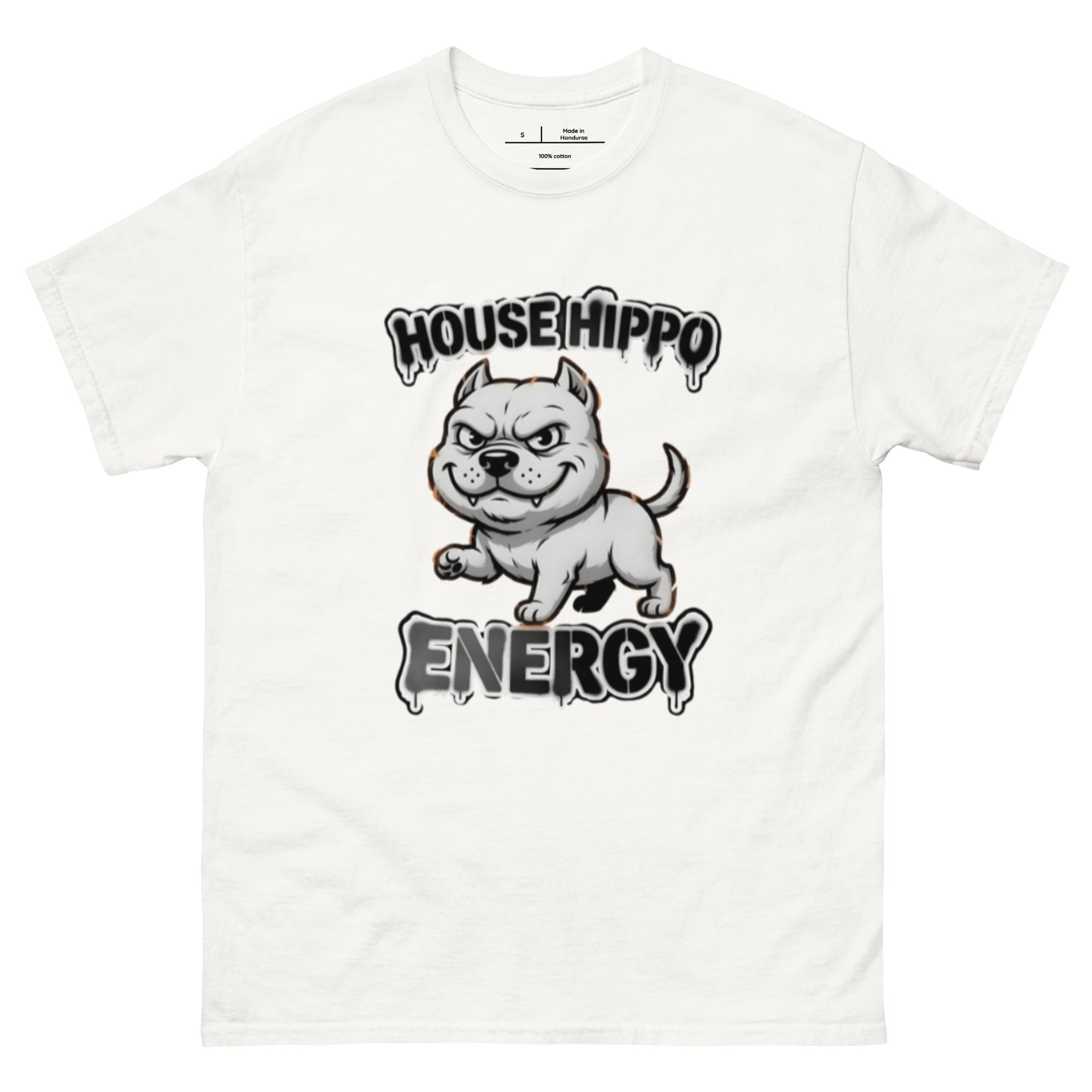 House Hippo Energy tee — stocky bully dog mid-stomp under drippy graffiti lettering