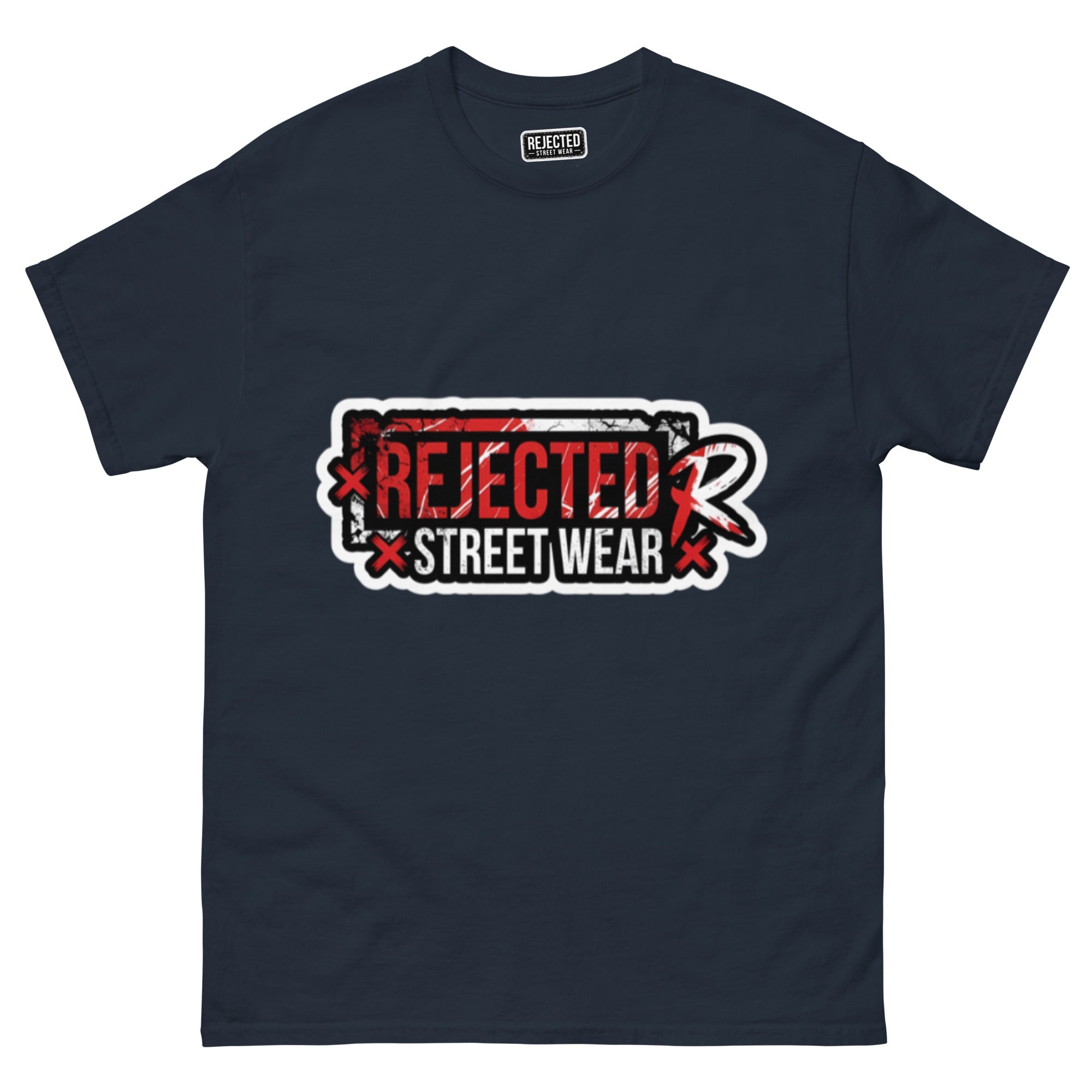 Rejected Street Wear red box logo tee — red-framed REJECTED STREET WEAR stamp with corner x marks and a red slash