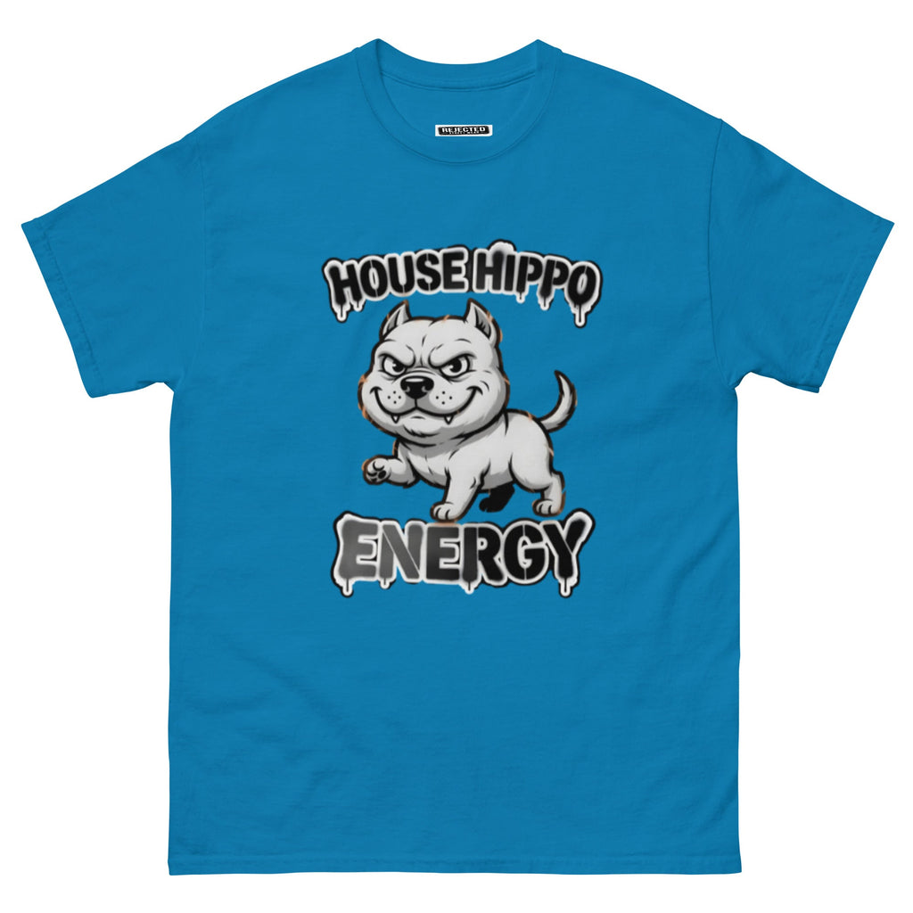 House Hippo Energy tee — stocky bully dog mid-stomp under drippy graffiti lettering