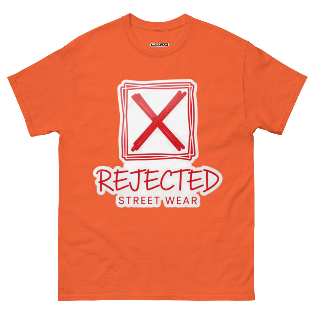 Rejected Street Wear box logo tee — hand-drawn red frame with a brushed X and REJECTED STREET WEAR in red beneath
