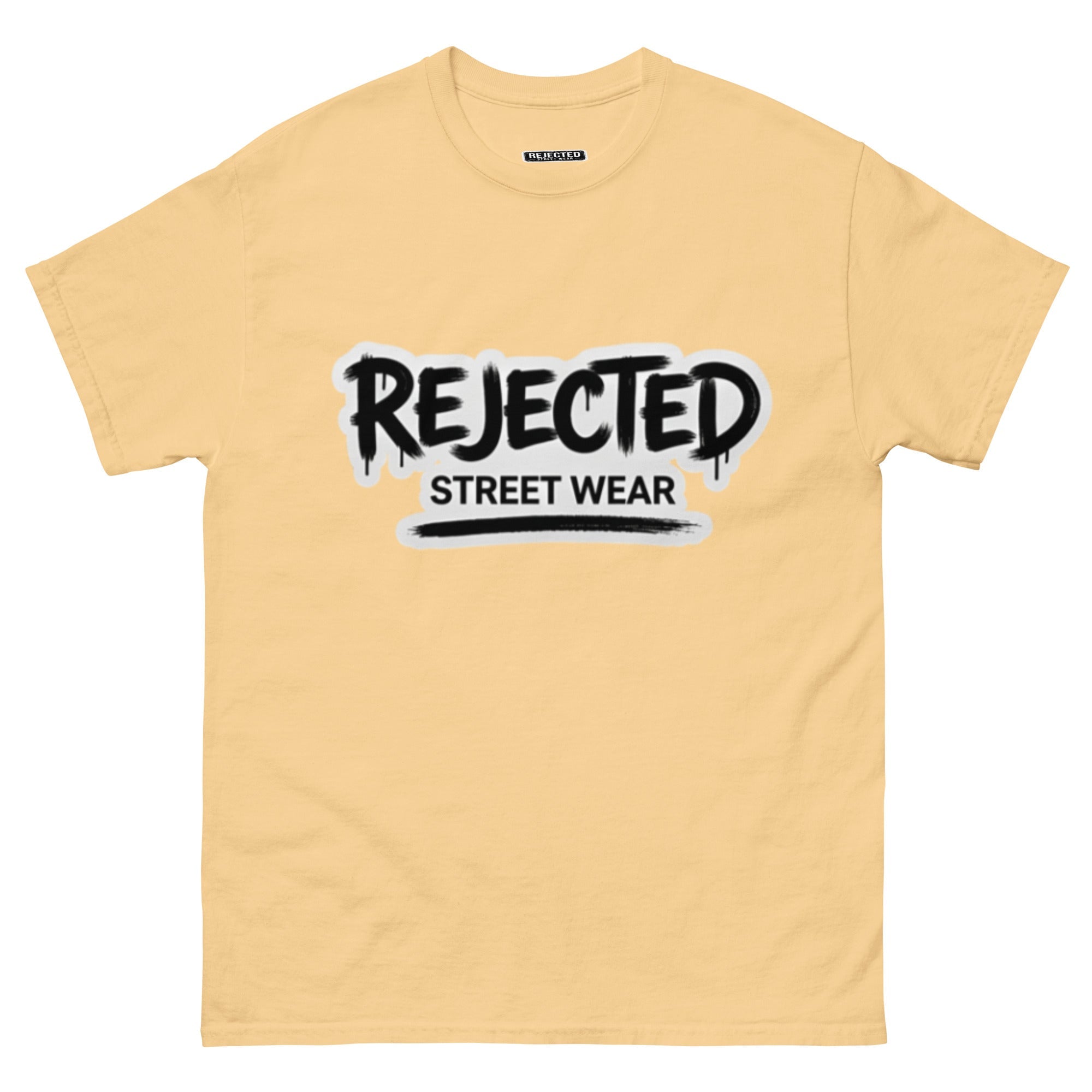 Rejected Street Wear graffiti logo tee — REJECTED in dripping spray-paint script over underlined STREET WEAR