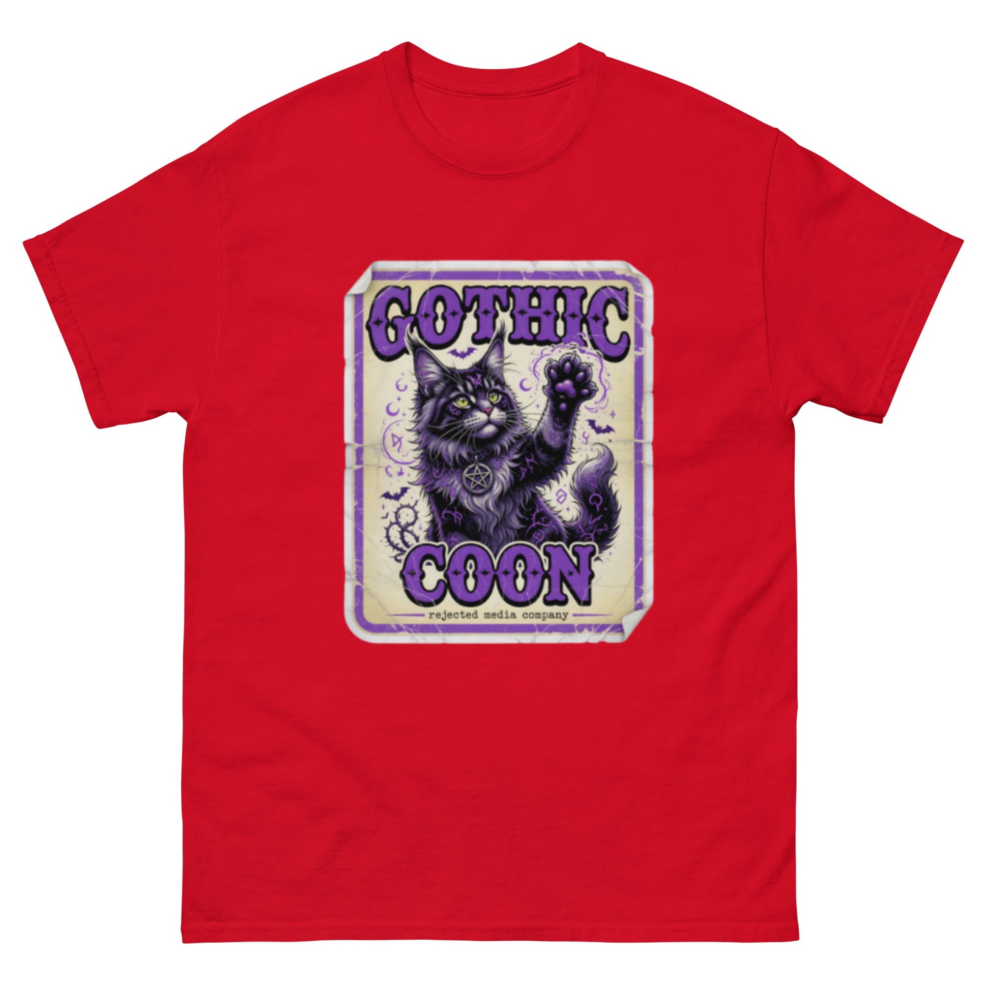 Gothic Coon tee — purple and black Maine Coon cat with a pentacle collar and one paw raised, vintage poster frame