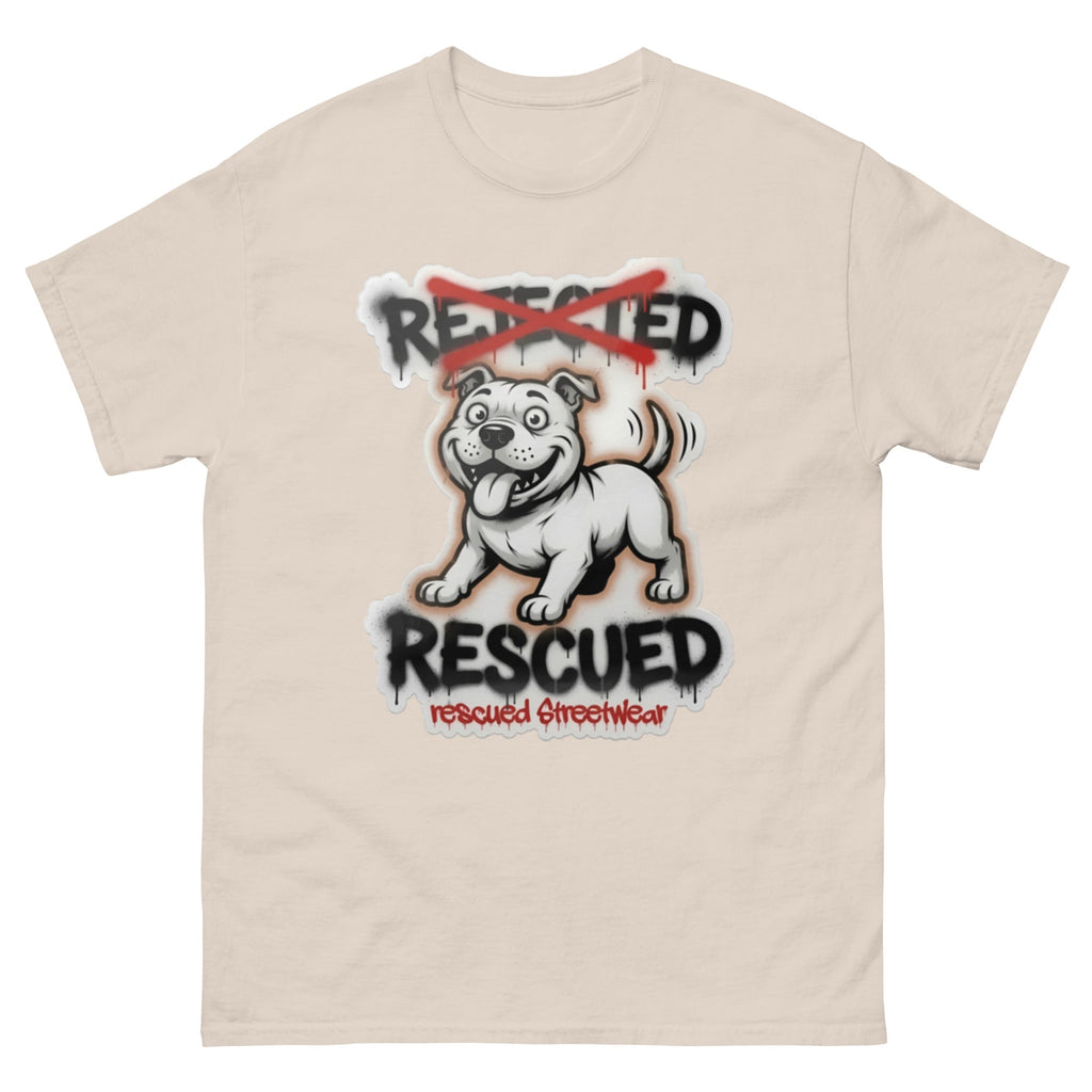 Rescued pit bull tee — white pit bull with REJECTED crossed out in red and RESCUED sprayed underneath