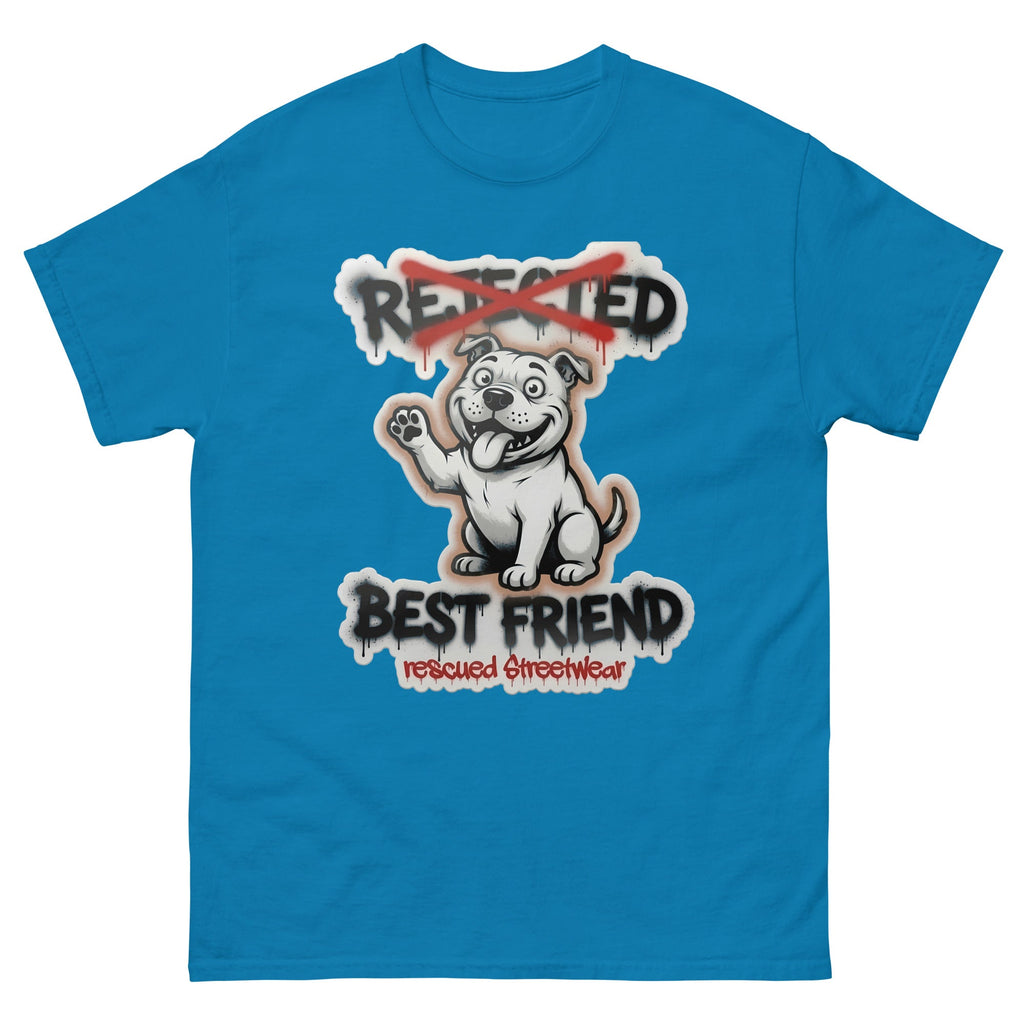 Best Friend pit bull tee — white bully pup waving a paw with REJECTED crossed out in red and BEST FRIEND sprayed below