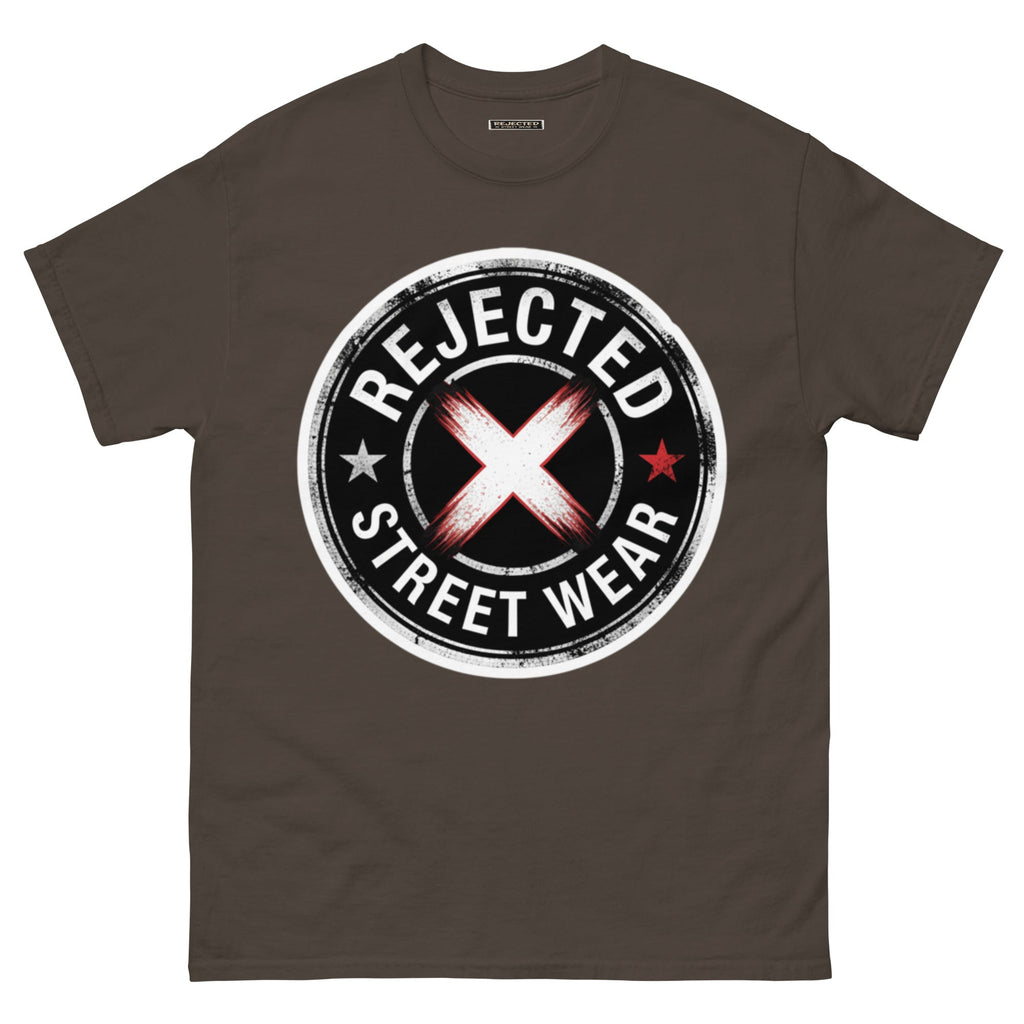Rejected Street Wear barbed wire seal tee — distressed circular badge with REJECTED arched over a red and white brushed X