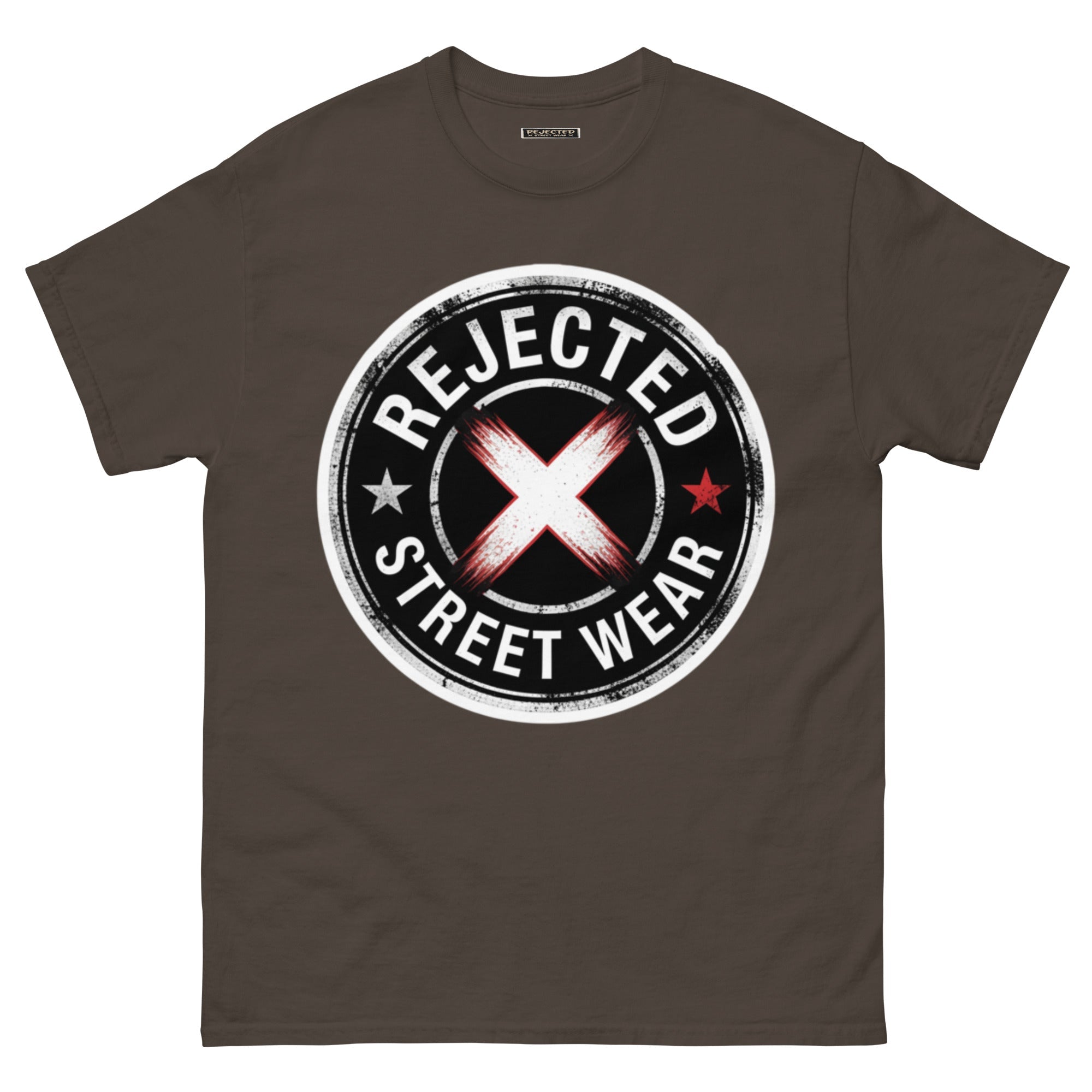Rejected Street Wear barbed wire seal tee — distressed circular badge with REJECTED arched over a red and white brushed X