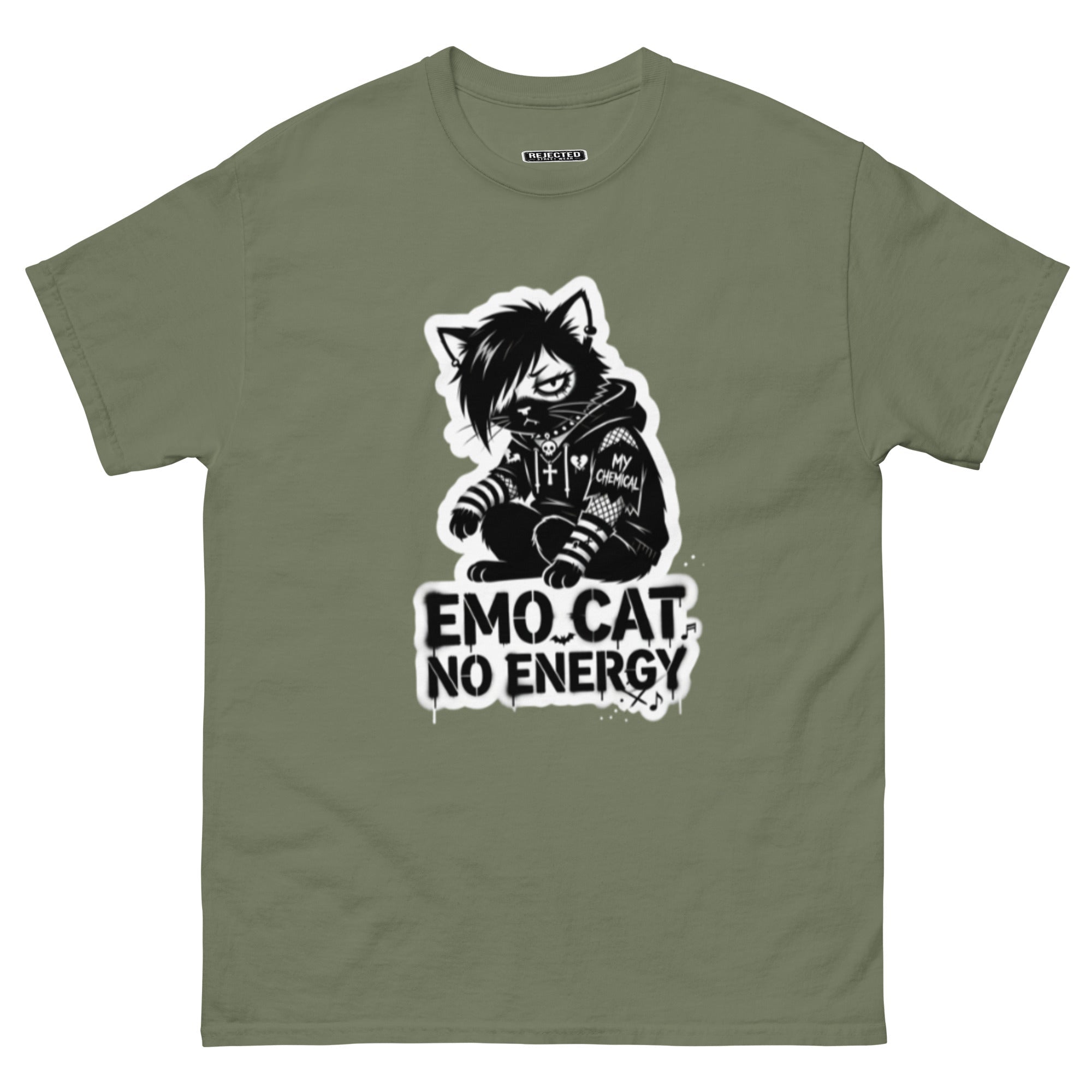 Emo Cat No Energy tee — grey cat with side-swept bangs and a patched hoodie under spray-paint lettering