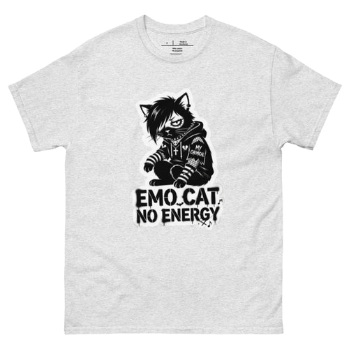 Emo Cat No Energy tee — grey cat with side-swept bangs and a patched hoodie under spray-paint lettering