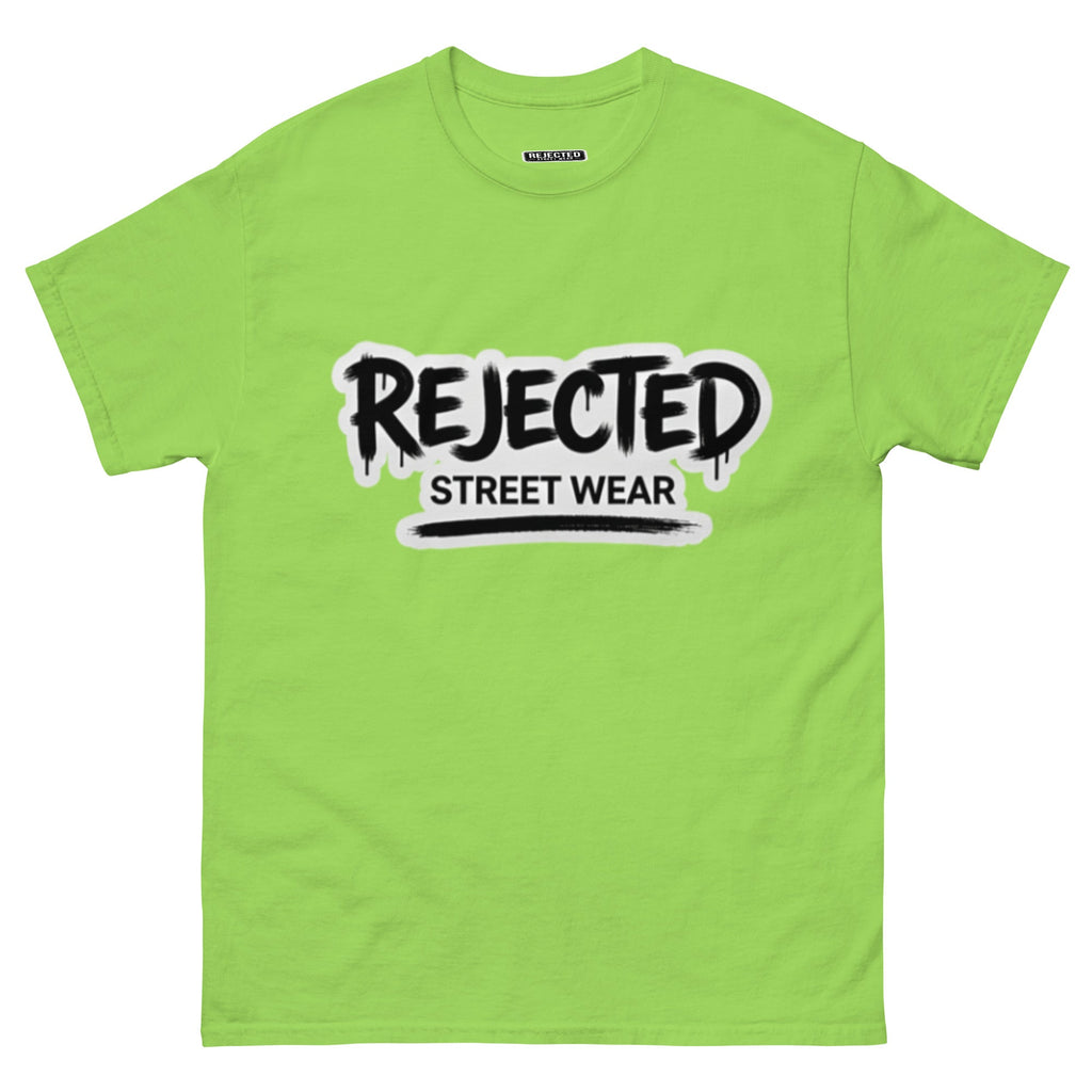 Rejected Street Wear graffiti logo tee — REJECTED in dripping spray-paint script over underlined STREET WEAR