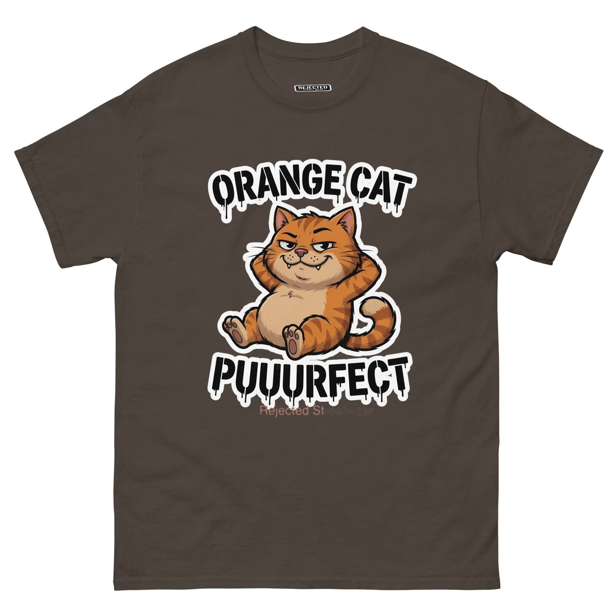 Orange Cat Puuurfect tee — chunky reclined orange tabby under arched drippy graffiti lettering