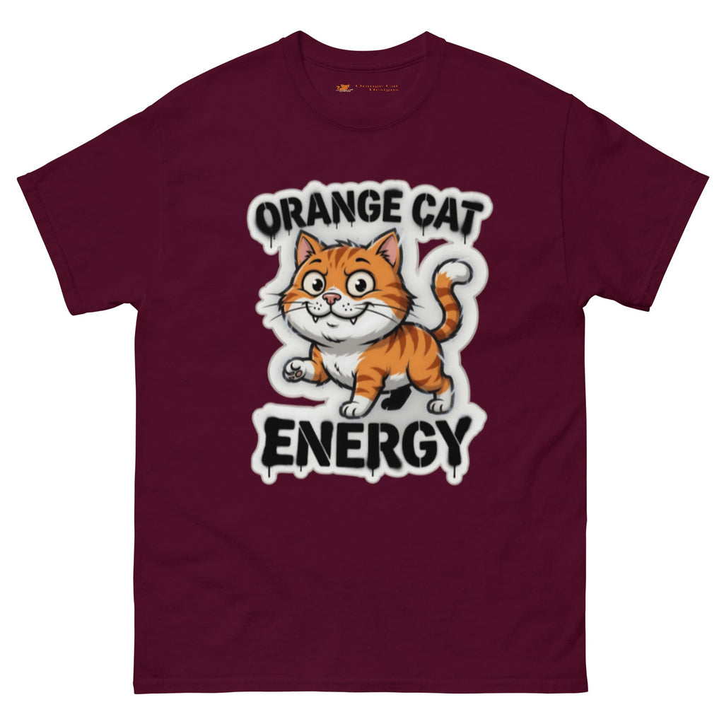 Orange Cat Energy tee — wide-eyed orange tabby mid-launch under drippy graffiti lettering